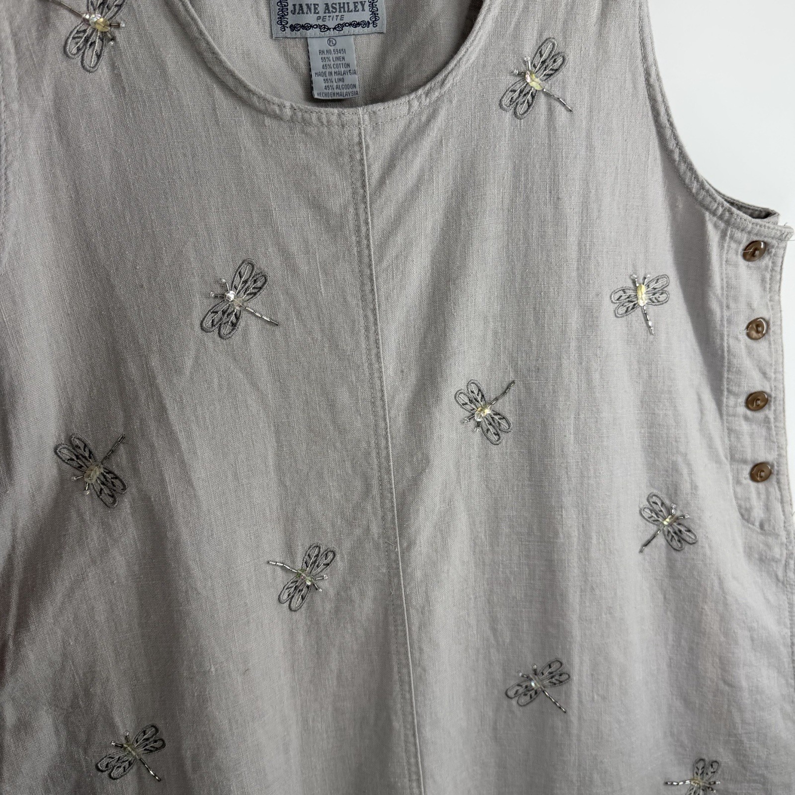 Vintage Jane Ashley Embroidered Sequin Dragonflies Embellishment Linen Dress