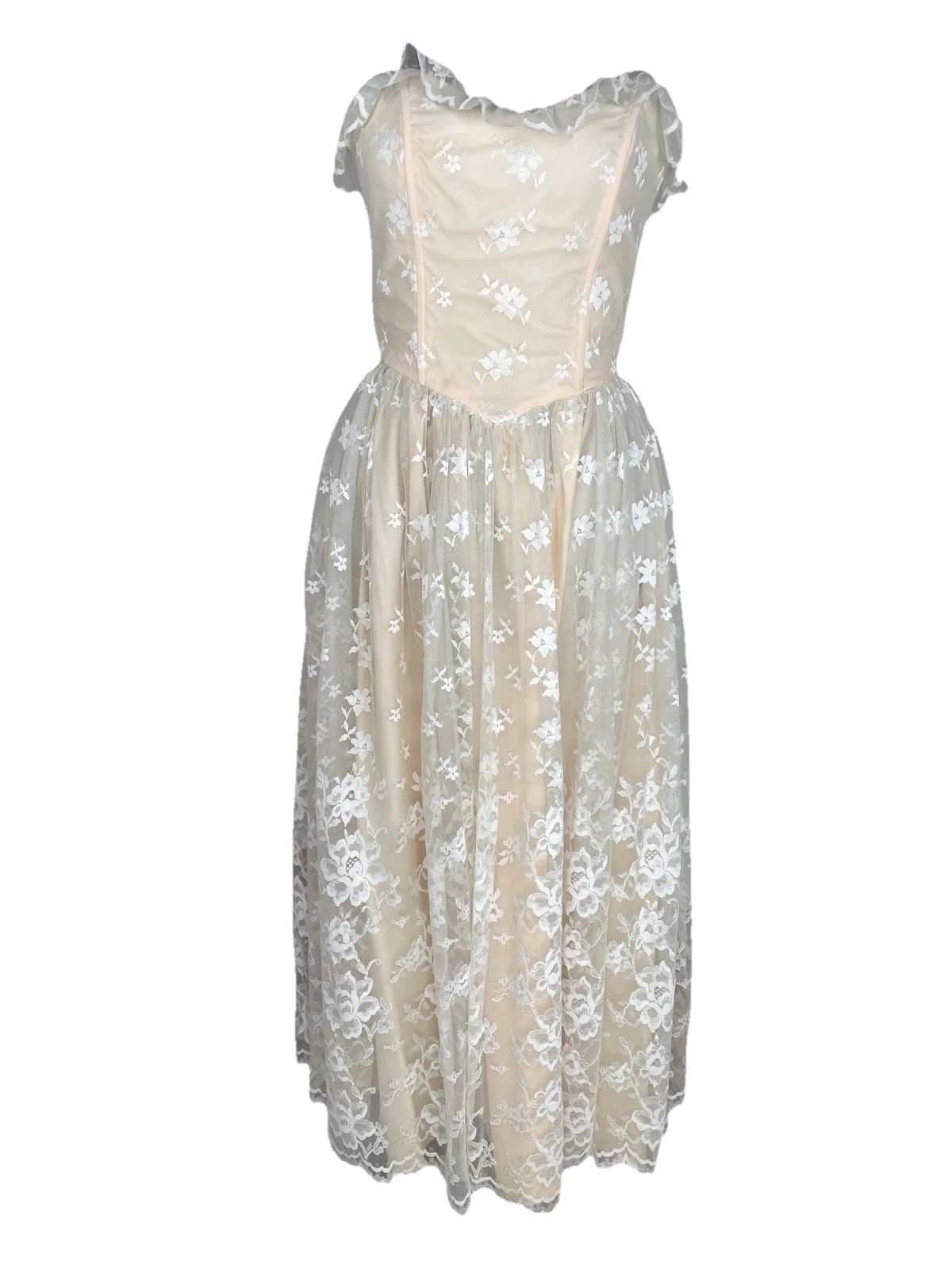 Vintage 80s Sweetheart Strapless Lace Peach Ivory Pinup Party Dress XS S