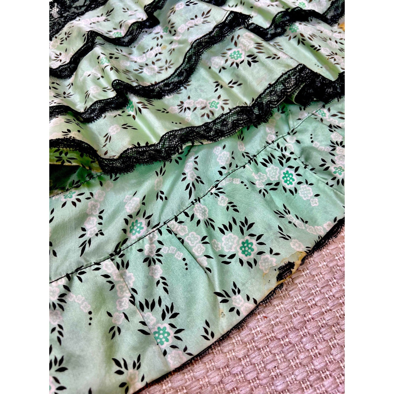 Antique Victorian Mint Green Printed Silk Two Piece Floral Skirt Set Black Lace