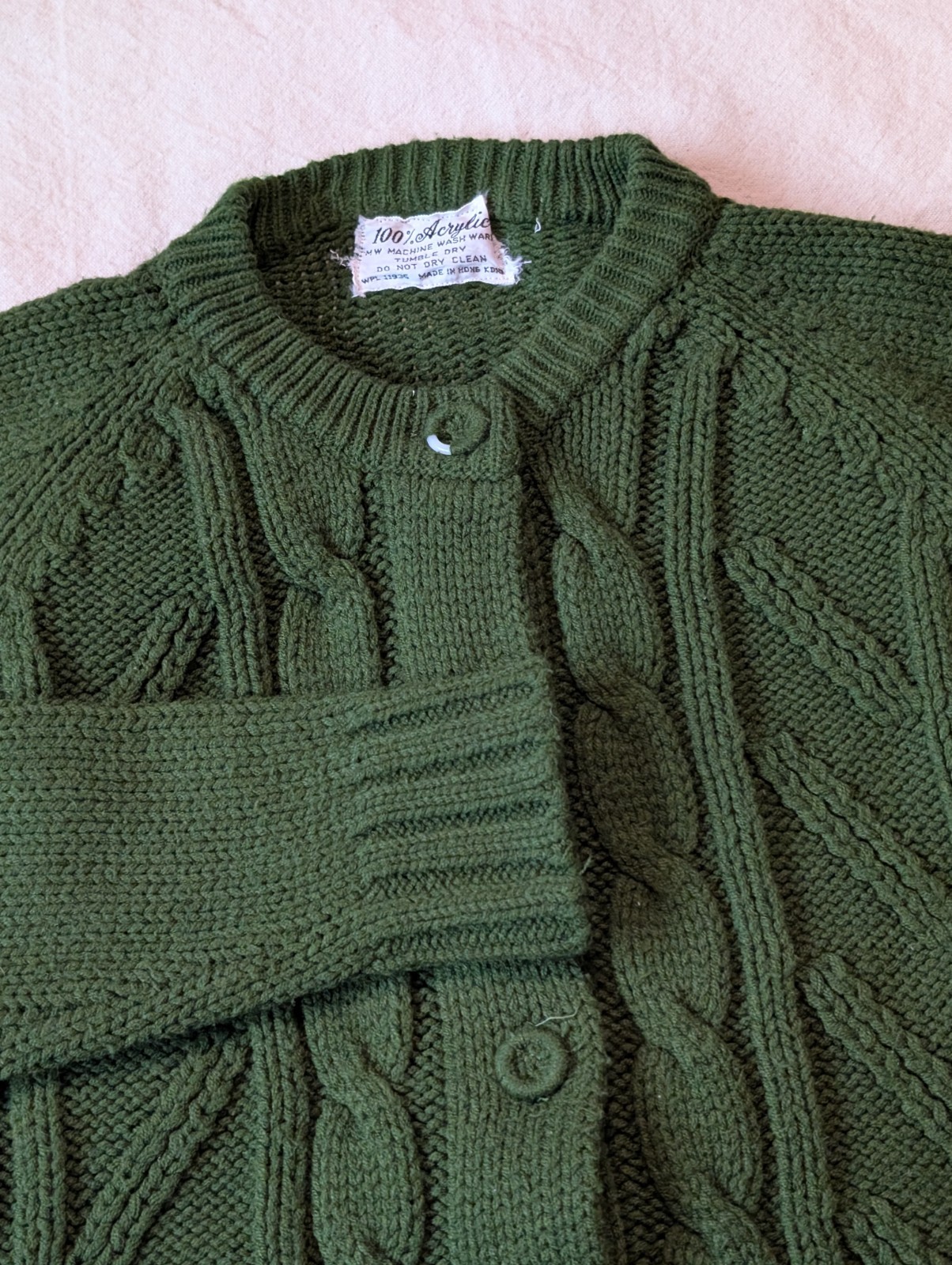 Vintage 60s 70s Green Acrylic Cable Knit Cardigan Women&rsquo;s Medium Preppy Classic