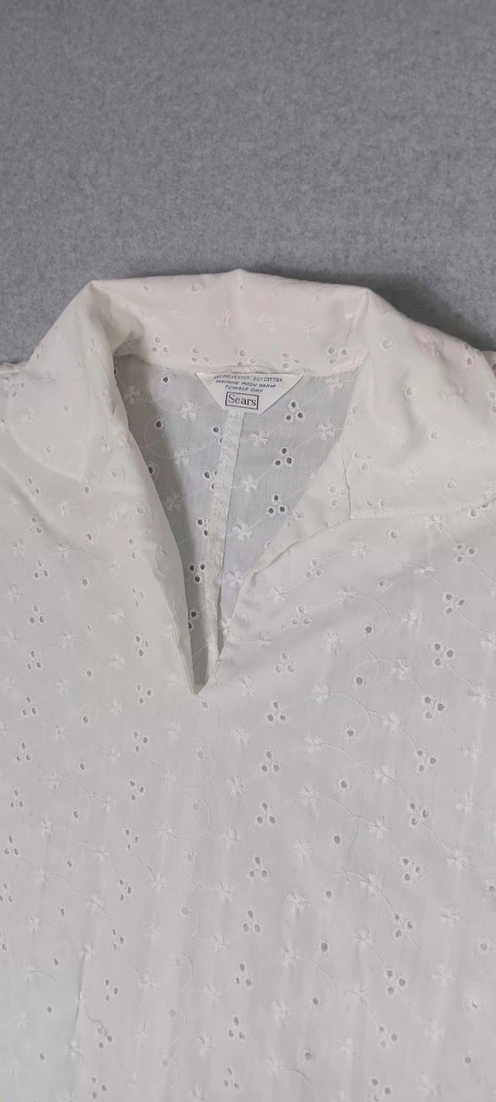 VTG Sears Cap Sleeve Eyelet Pointelle Camp Collar Blouse Small White Preppy Boho