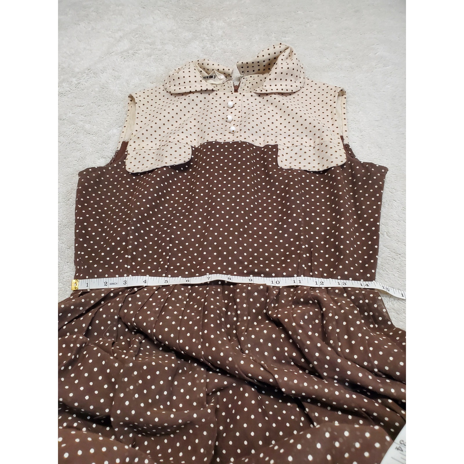 Vintage Adele Marcin Brown Cream Polka Dot Midi Dress XS Boho Chic Retro Cottage