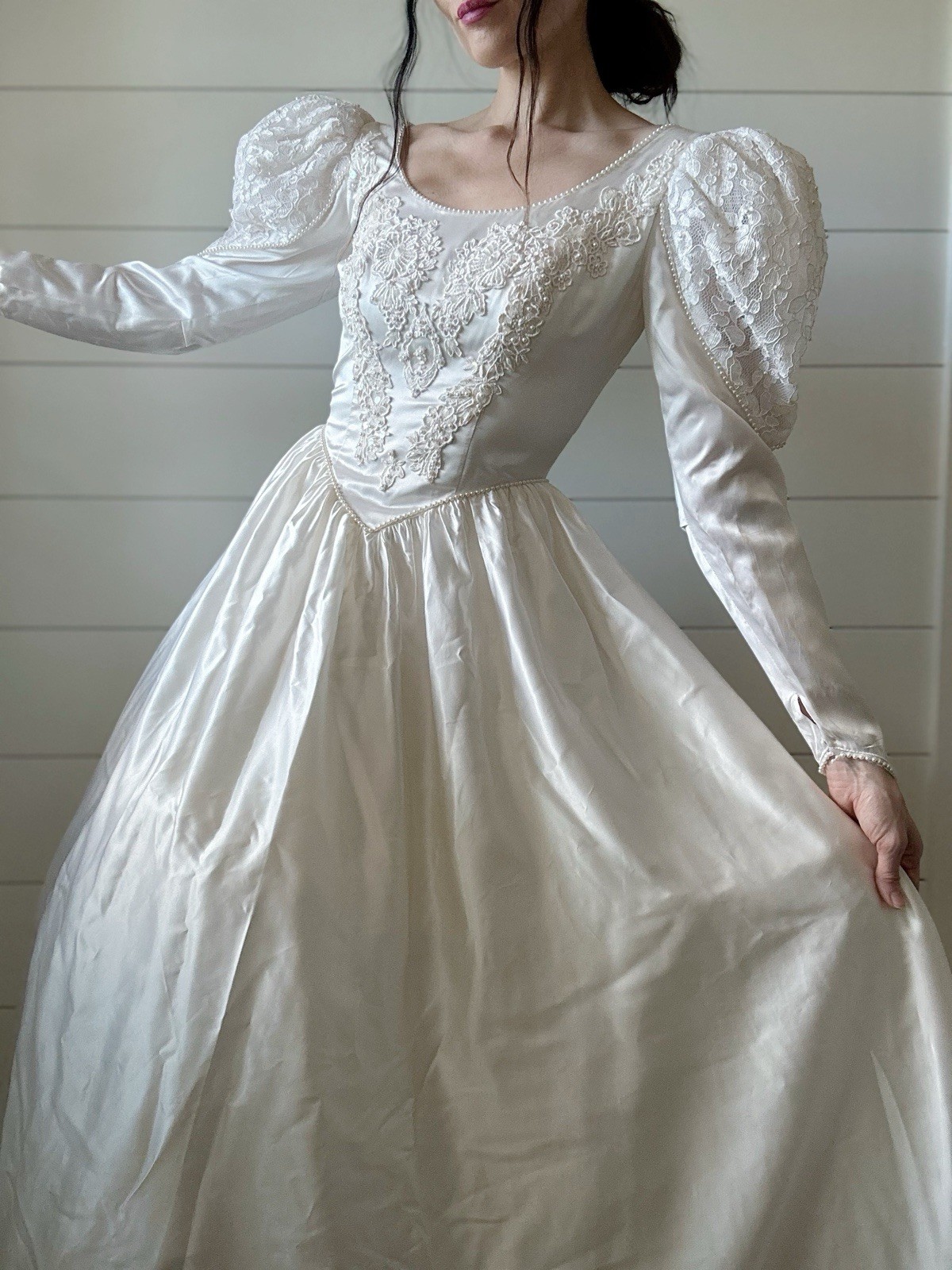 Vintage Wedding Dress 1980s Satin Princess Cut Ballgown Beadwork Train Lace