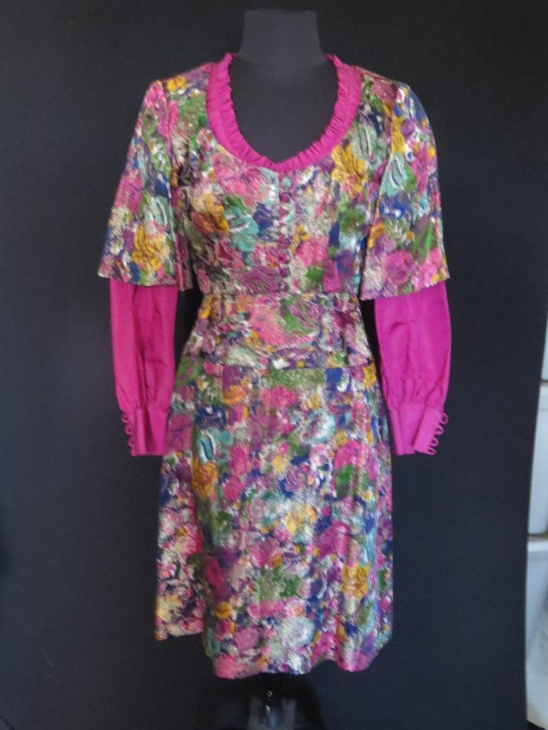 RARE CUSTOM MADE 1980&rsquo;S FUSHIA SILK TAFFETA AND METALLIC BROCADE DRESS SIZE 6