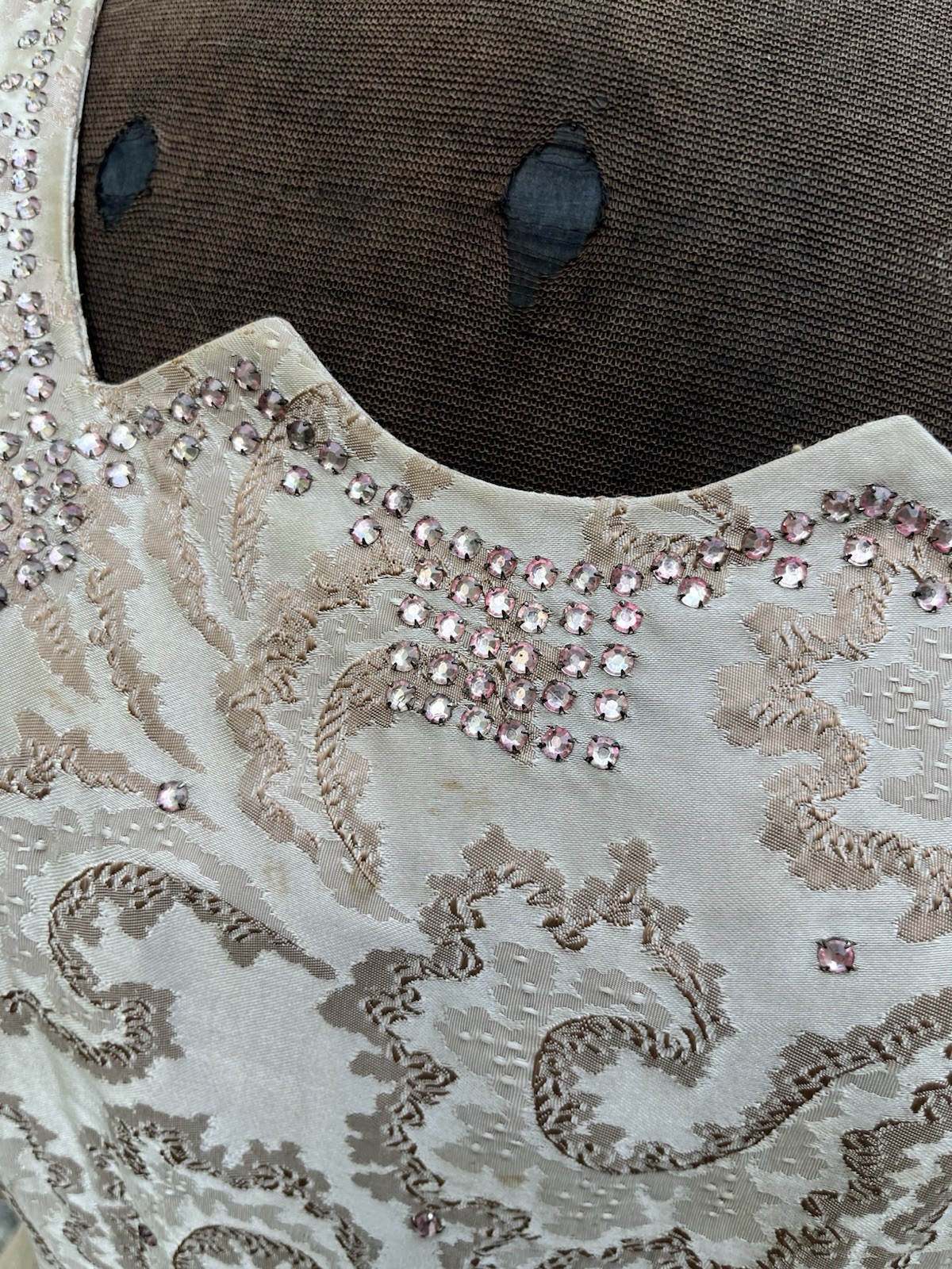 VTG 1950s Brocade Jacquard Rhinestone Cocktail Dress Hollywood Glam 31” Waist