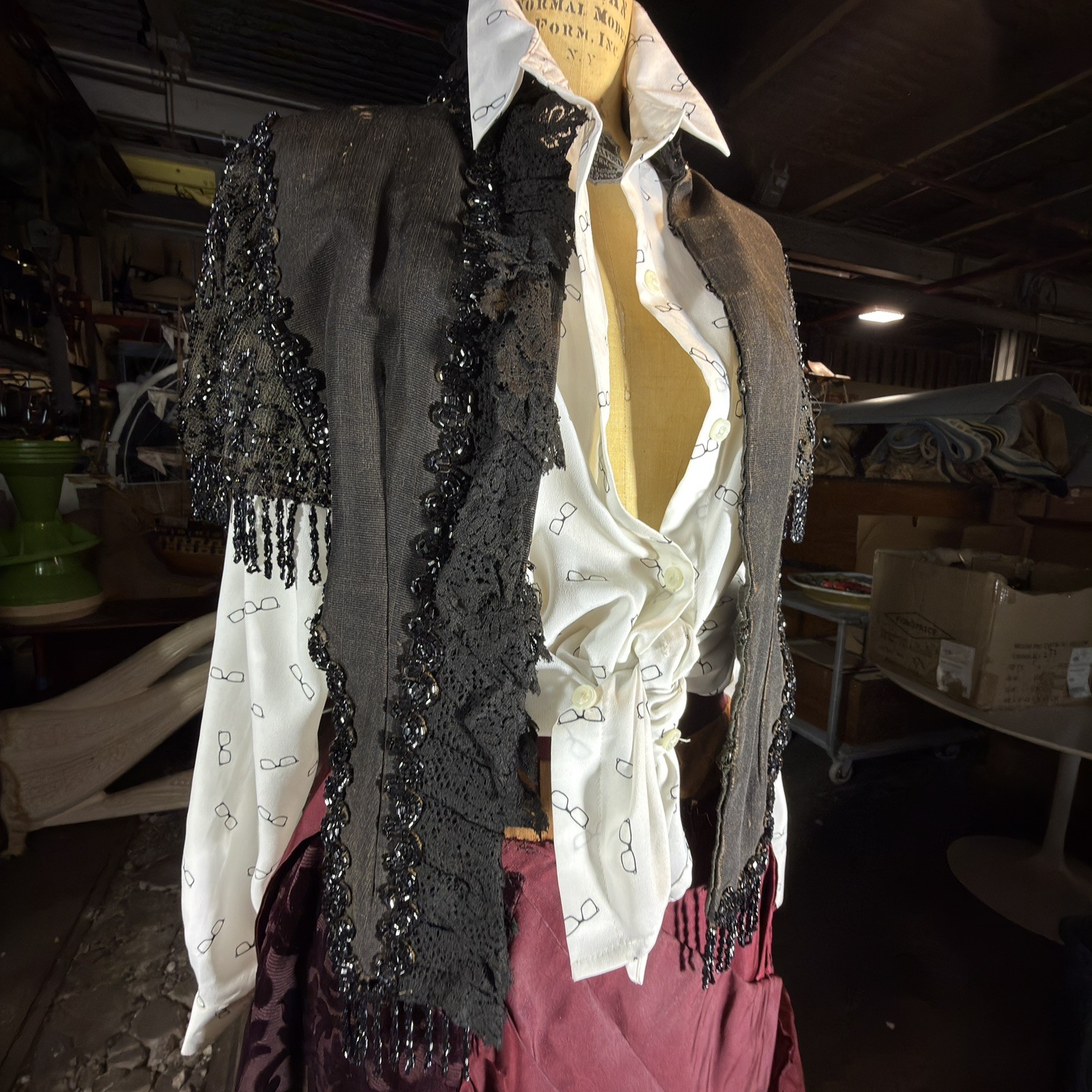Antique Victorian Mourning Cape | 1880s Jet Beaded & Chantilly Lace Mantle