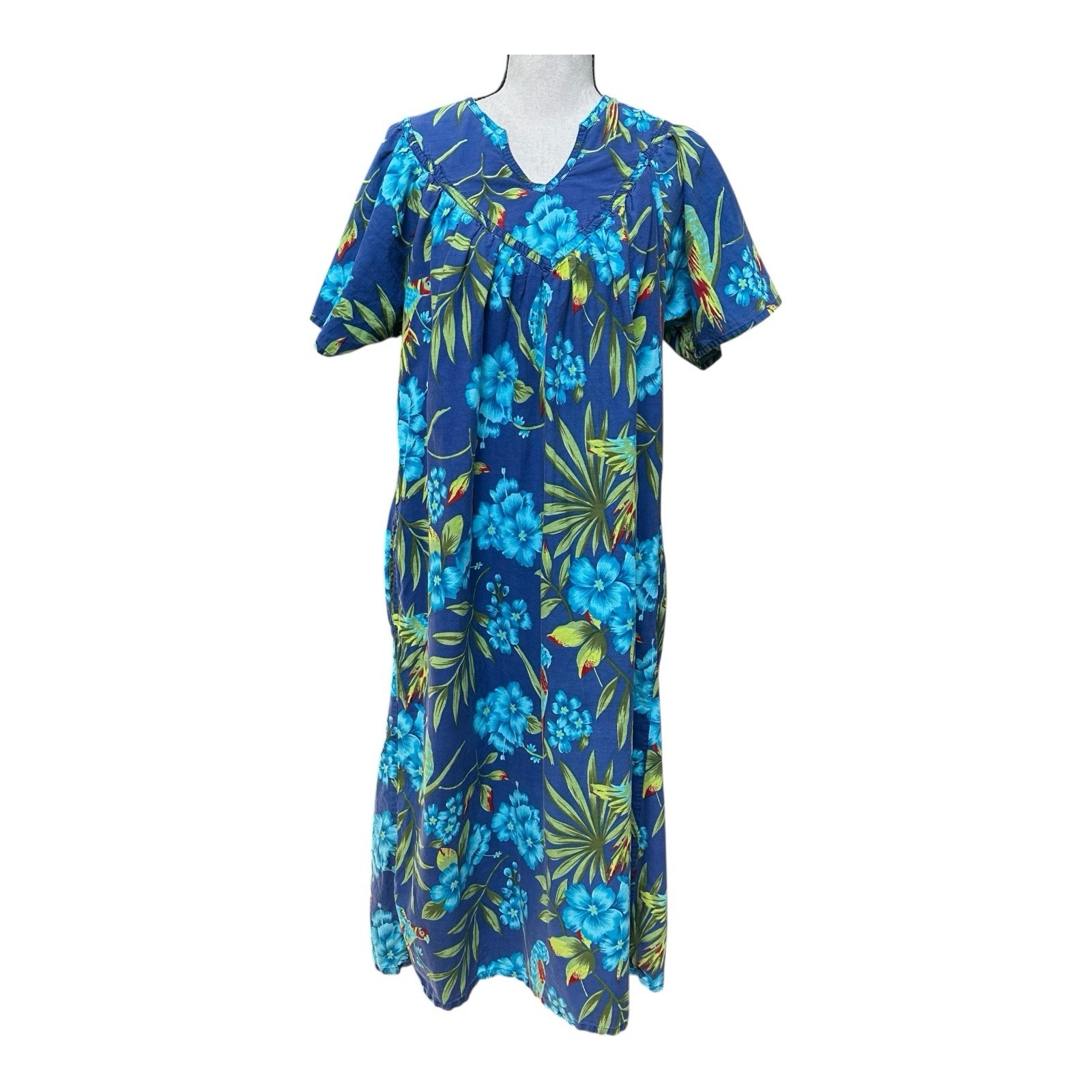 Vintage 80s/90s Daffodil Blue Tropical Floral Cotton House Dress S