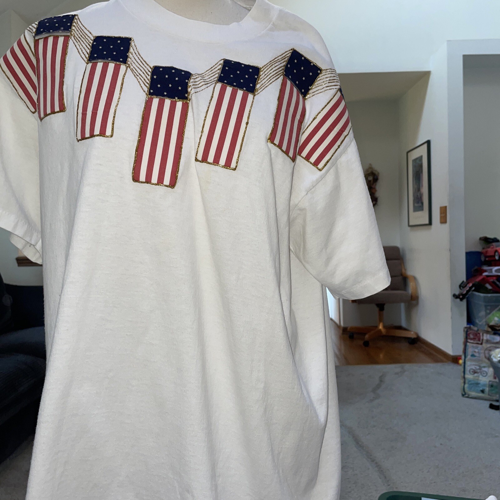 Vintage Oneita Power/50 Plus Glitter 7 Flags Short Sleeve Shirt Size XL