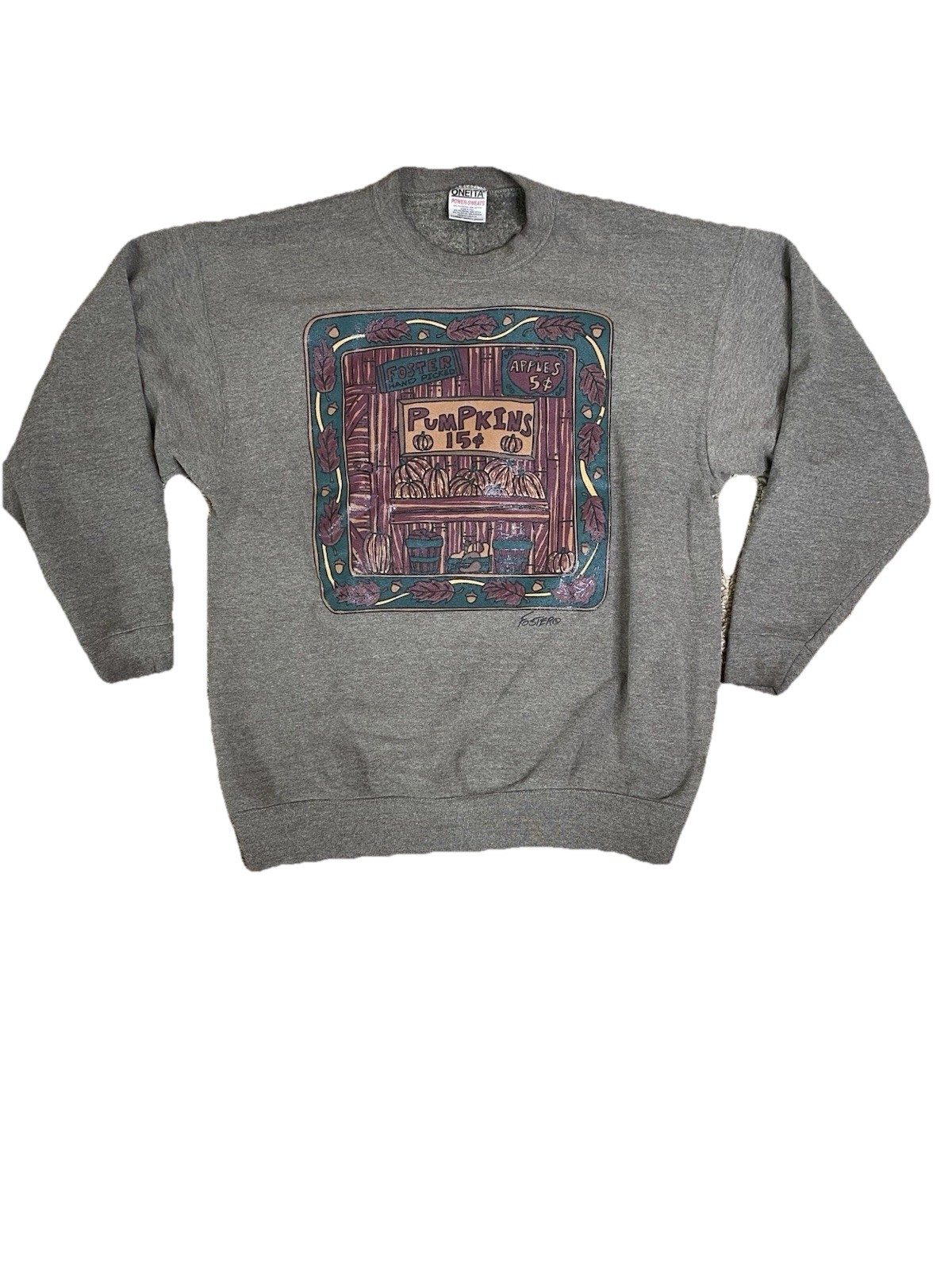 Vintage ONEITA Olive Crew Neck Autumn Pumpkin Patch Pullover Sweatshirt XL