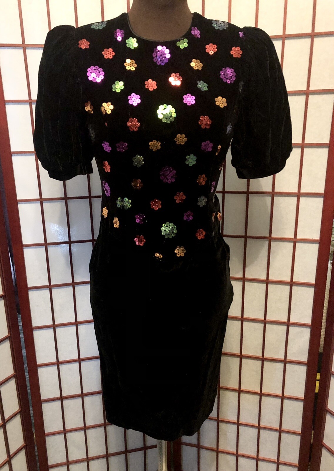 Vtg 1980’s Jessica McClintock Black Velvet Sequins Puff Sleeves Party Dress XS/S