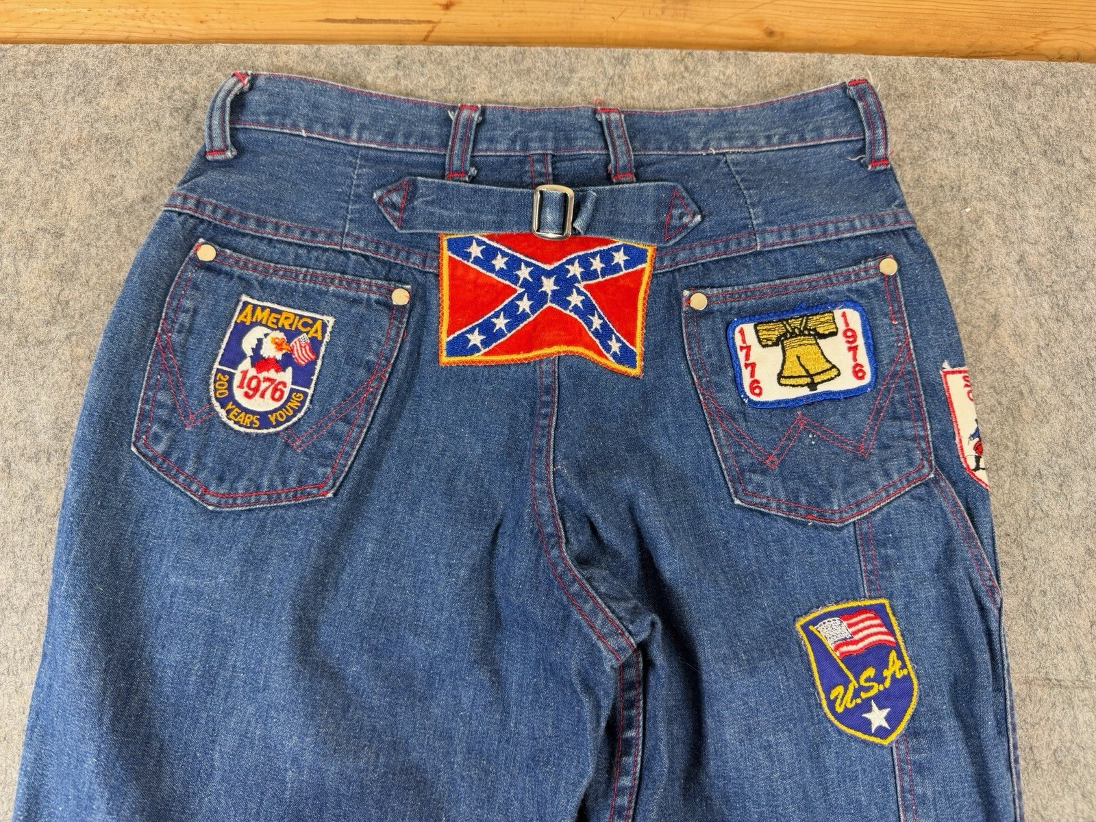 Vintage 70s Wrangler Buckle back Patchwork Jeans Rare USA Patches Size 27×30