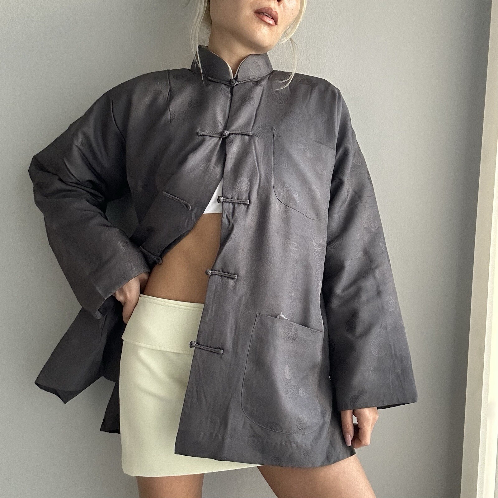100% Silk Vintage Oriental Jacquard Unisex Double Collar Shirt Jacket w/ Pockets