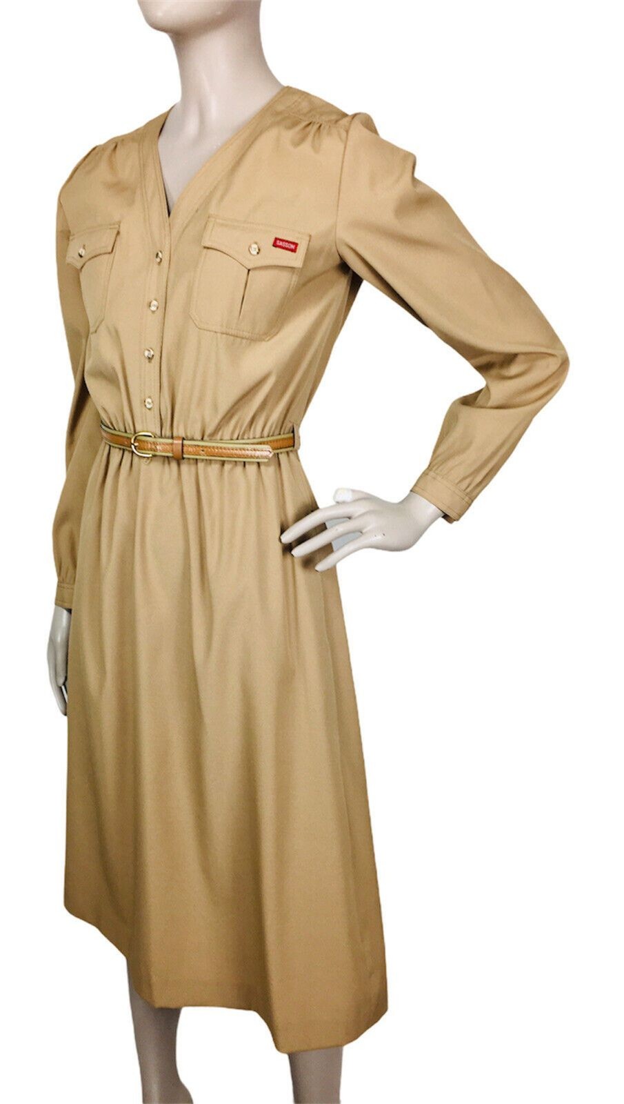 VTG 70&rsquo;s SASSON Tan Belted Button-Front Rockabilly Western Cowgirl Dress S/M