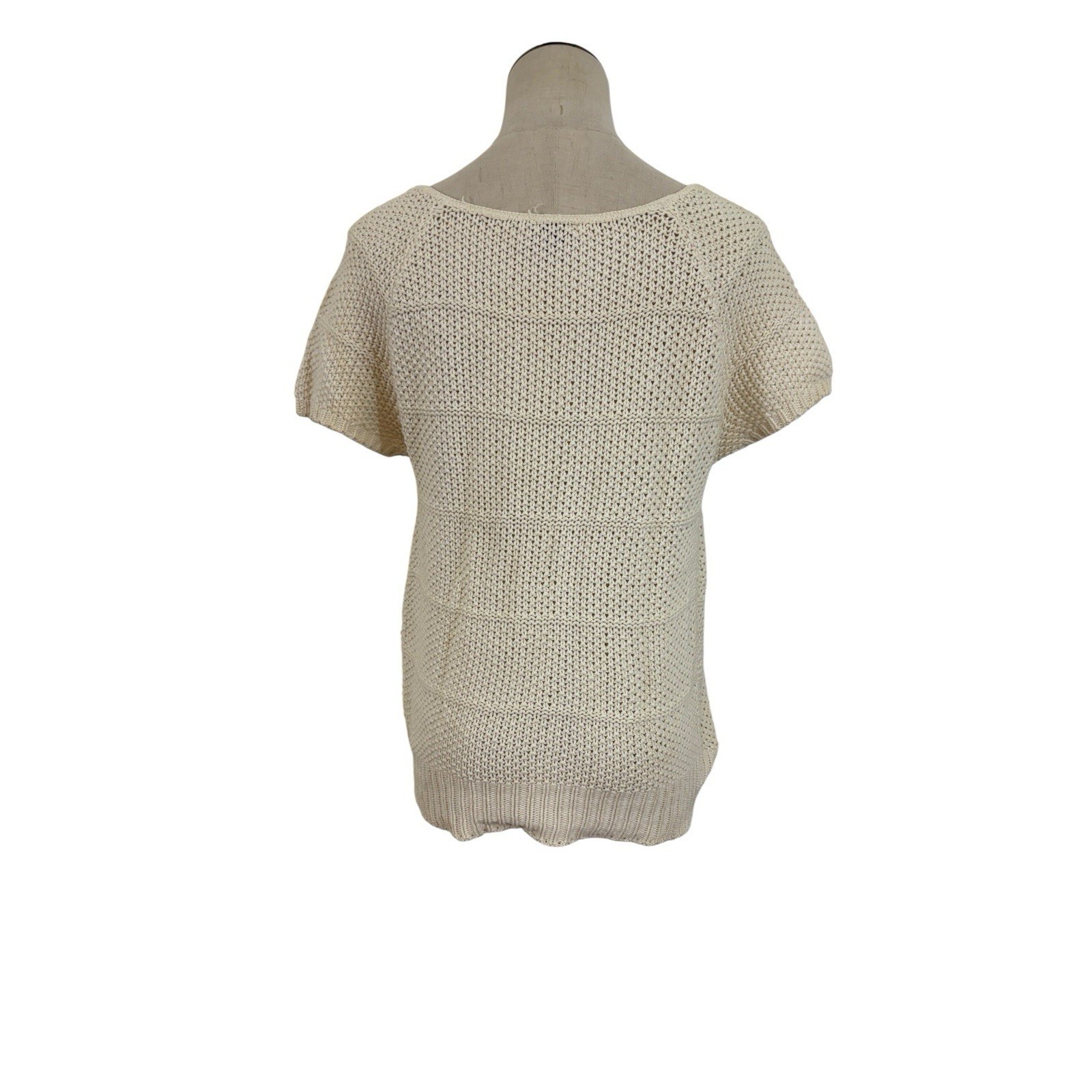 Vtg 80s Knit Sweater Women S Cream Boat Neck Short Sleeve Top Coastal Preppy