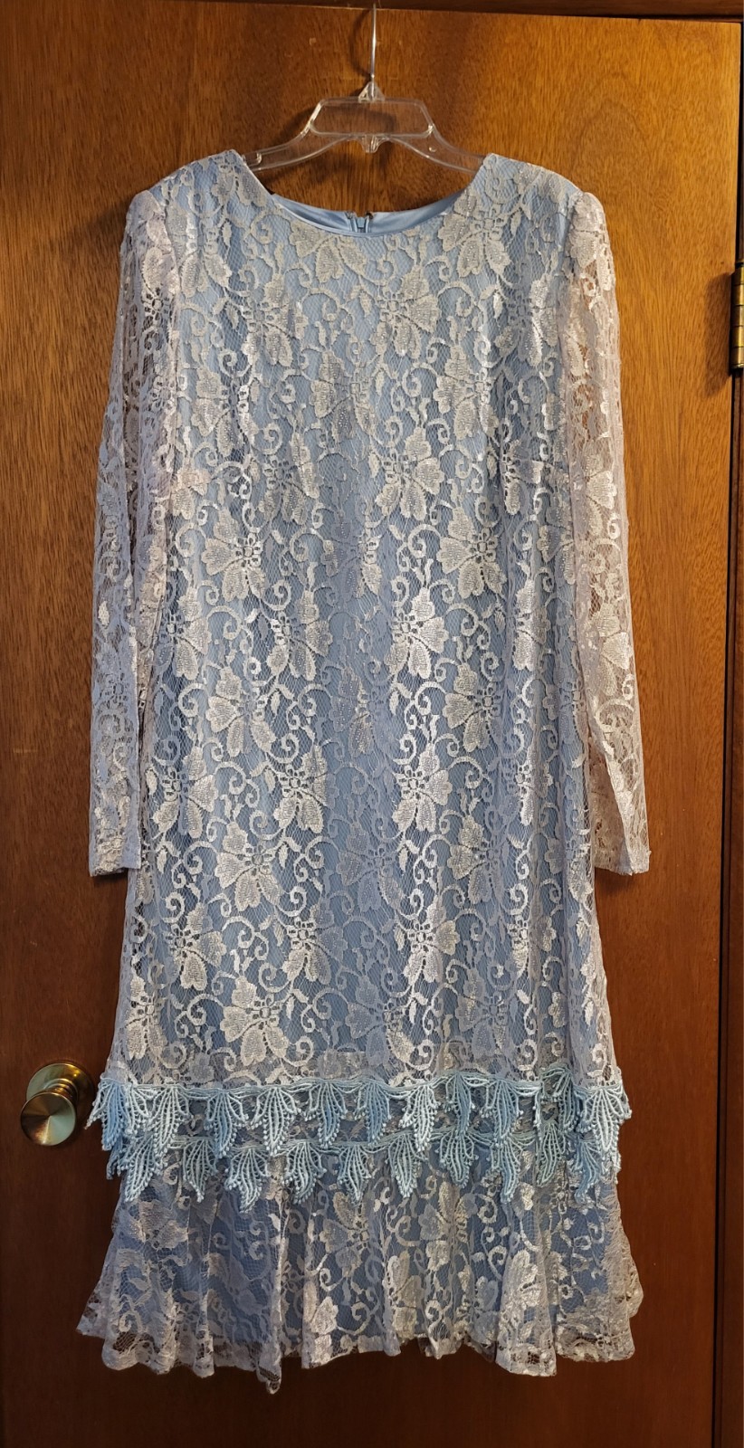 1980s Mister Jay Dress Formal Silver Gray Lace Over Blue Drp Waist Ruffled 16