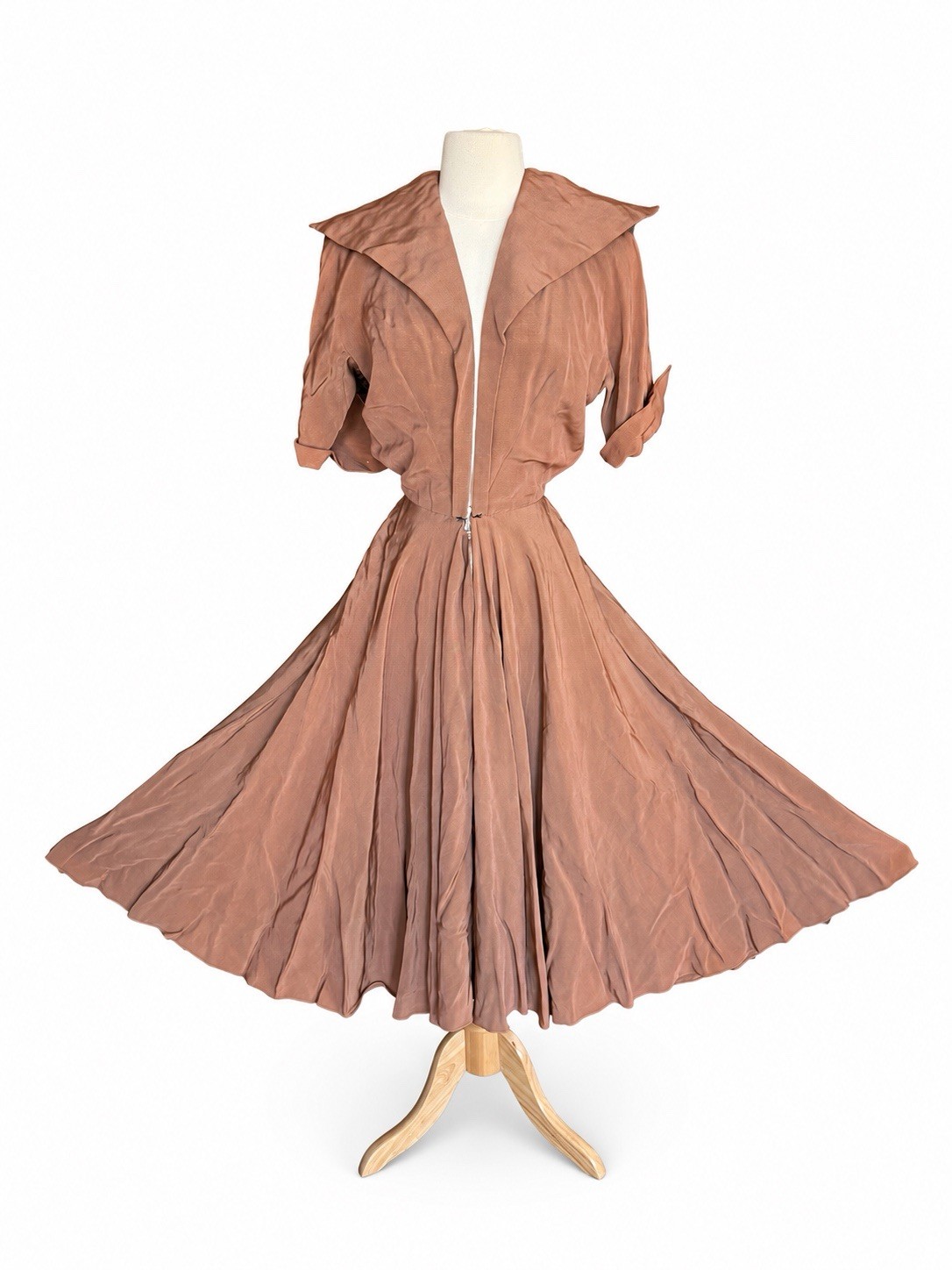 1950s Vintage Rose Faille Dress Portrait Collar Full Skirt Actress Worn (1952)