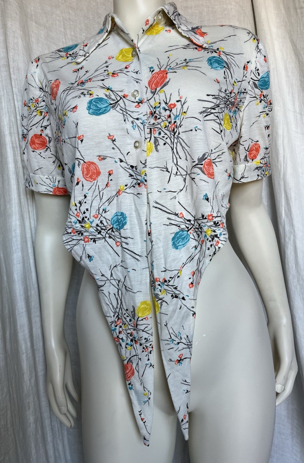 Vintage 70s Floral Crop Tie Blouse Summer Prairie Blooms Hippie Boho Cottage S/M