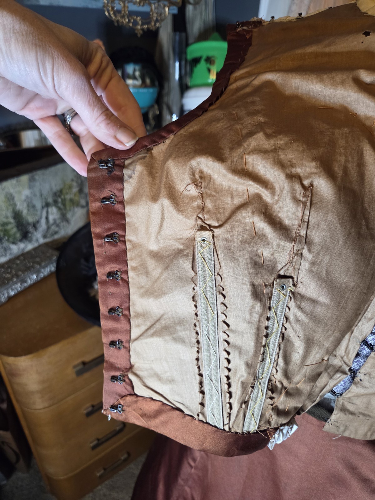 Victorian Copper Silk Blend Walking Suit w/ Ivory Taffeta Inserts & Pearl Trim