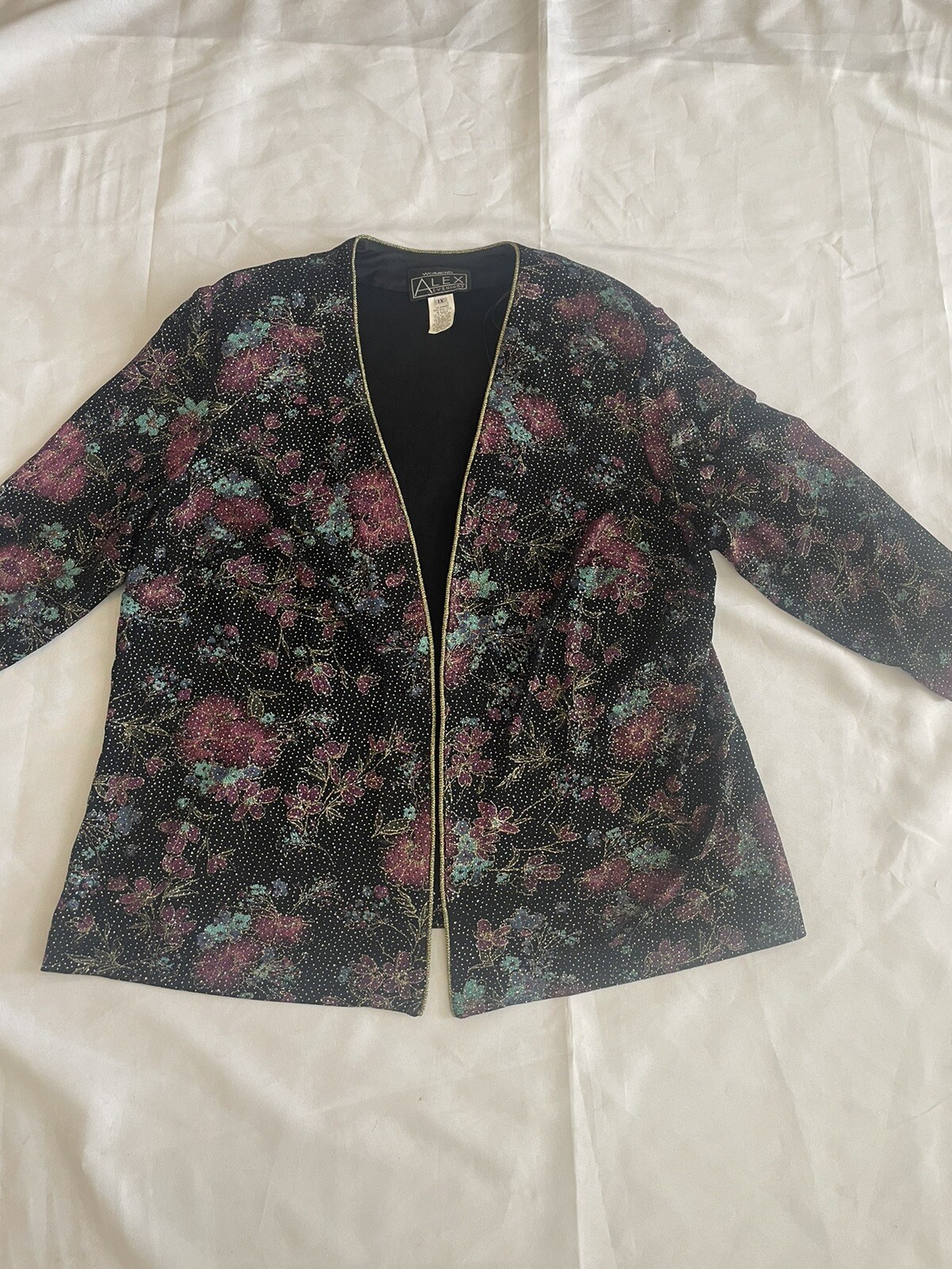 VTG Alex Evenings Black Gold Metallic Shimmery Floral Jacket Sz 1X Dressy Formal