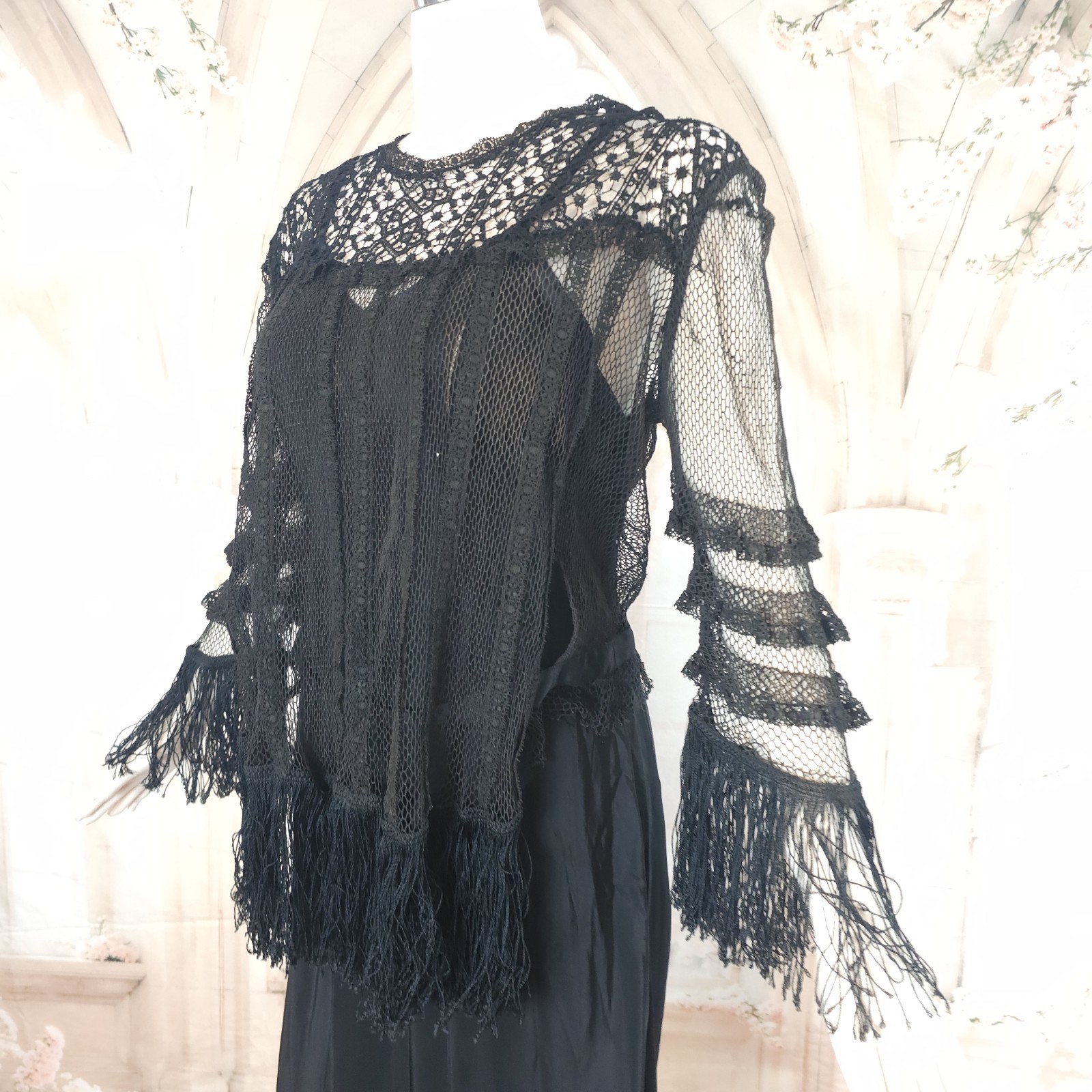 Black Crochet Lace Blouse Fringe Tassels Antique Victorian Edwardian Top Shirt