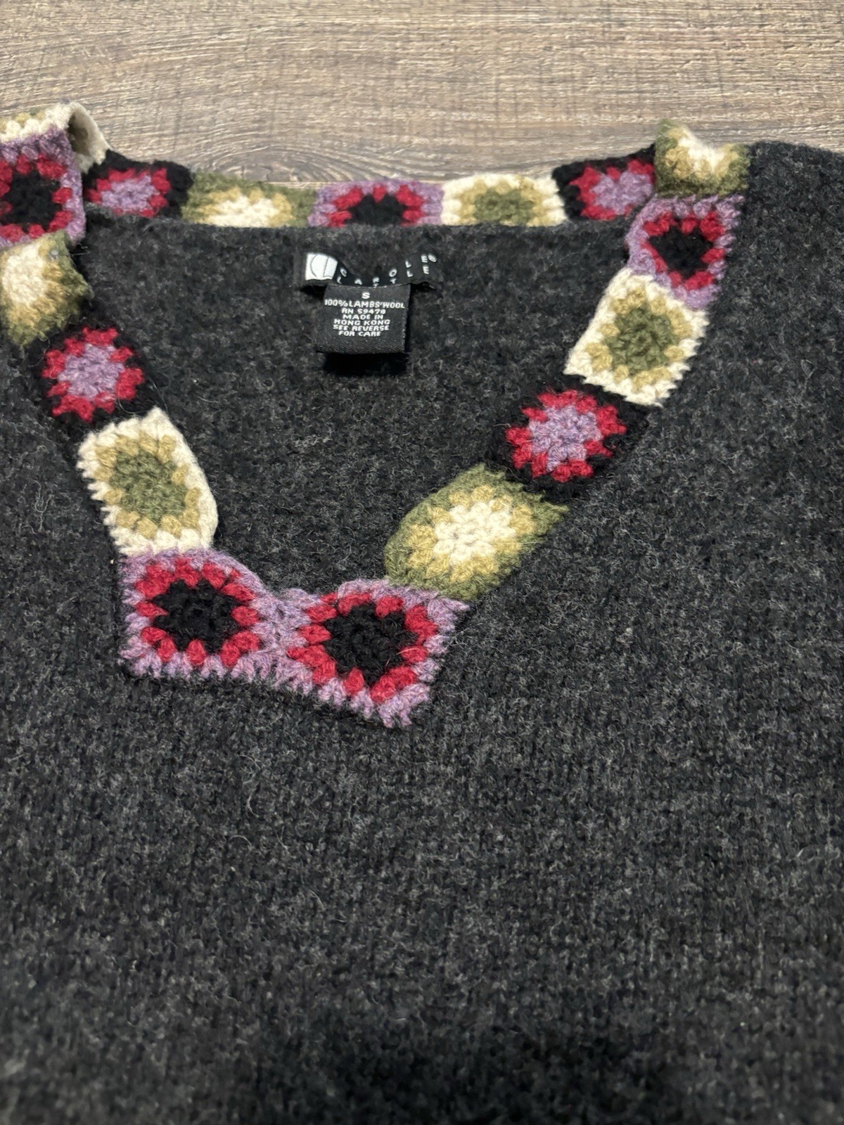 Vintage 100% Lambswool Sweater S Handmade Carole Little Crochet Trim Hong Kong