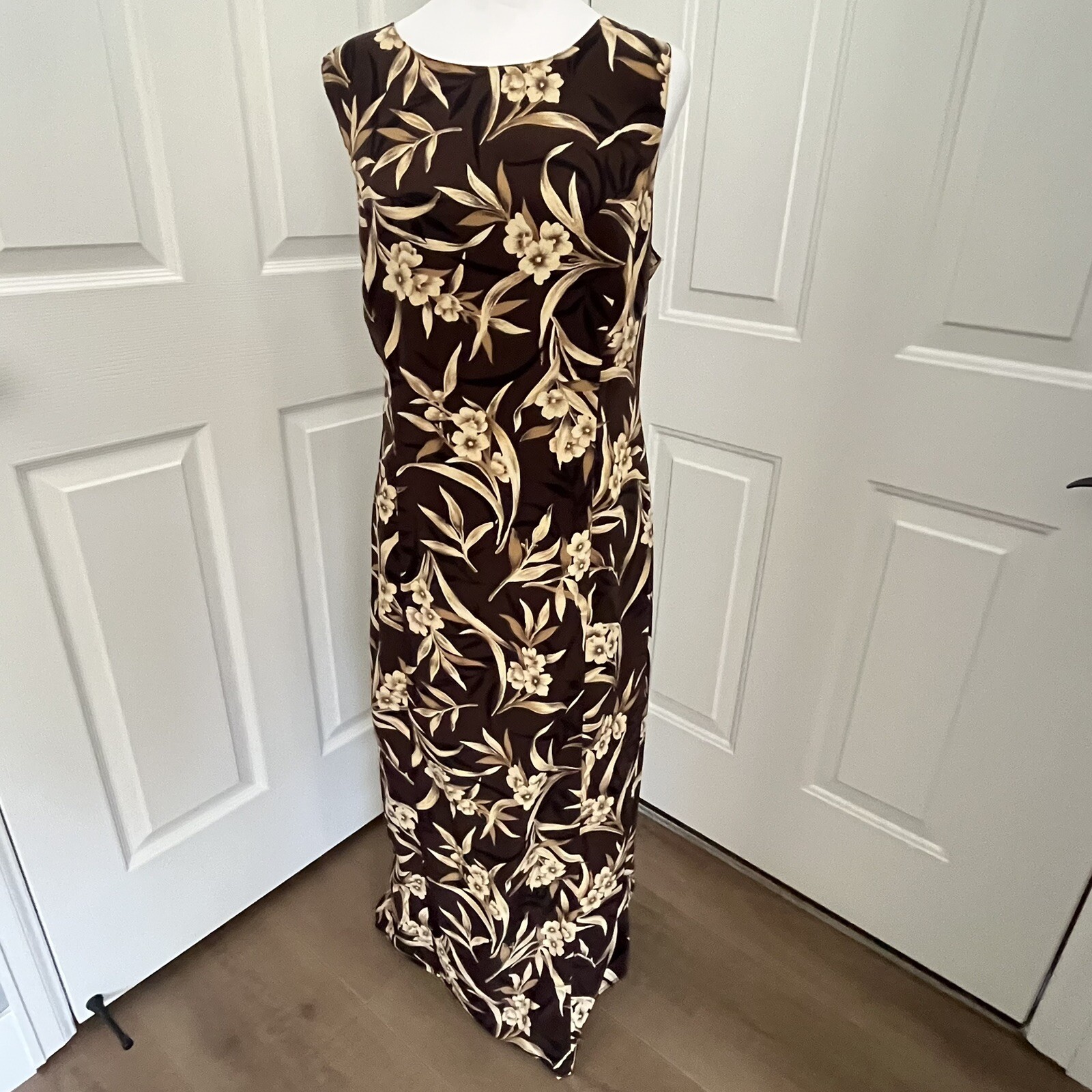Vintage 90s Sunshine Starshine Brown Tropical Maxi Dress 14 Resort Beach Party