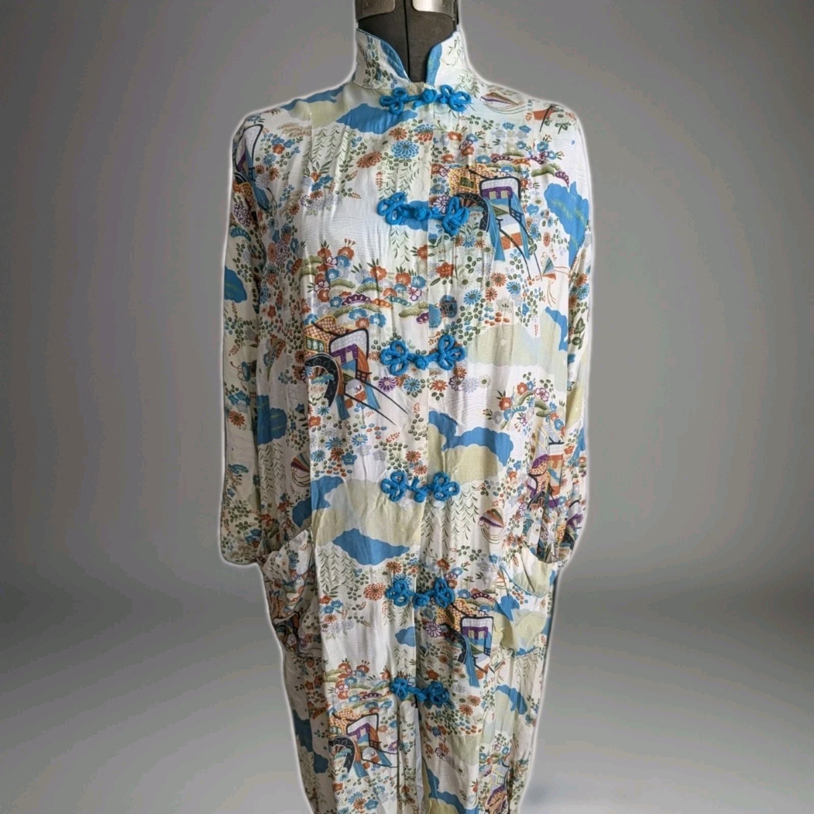 Vintage Silk Kimono House Dress Japan Hand Printed Small