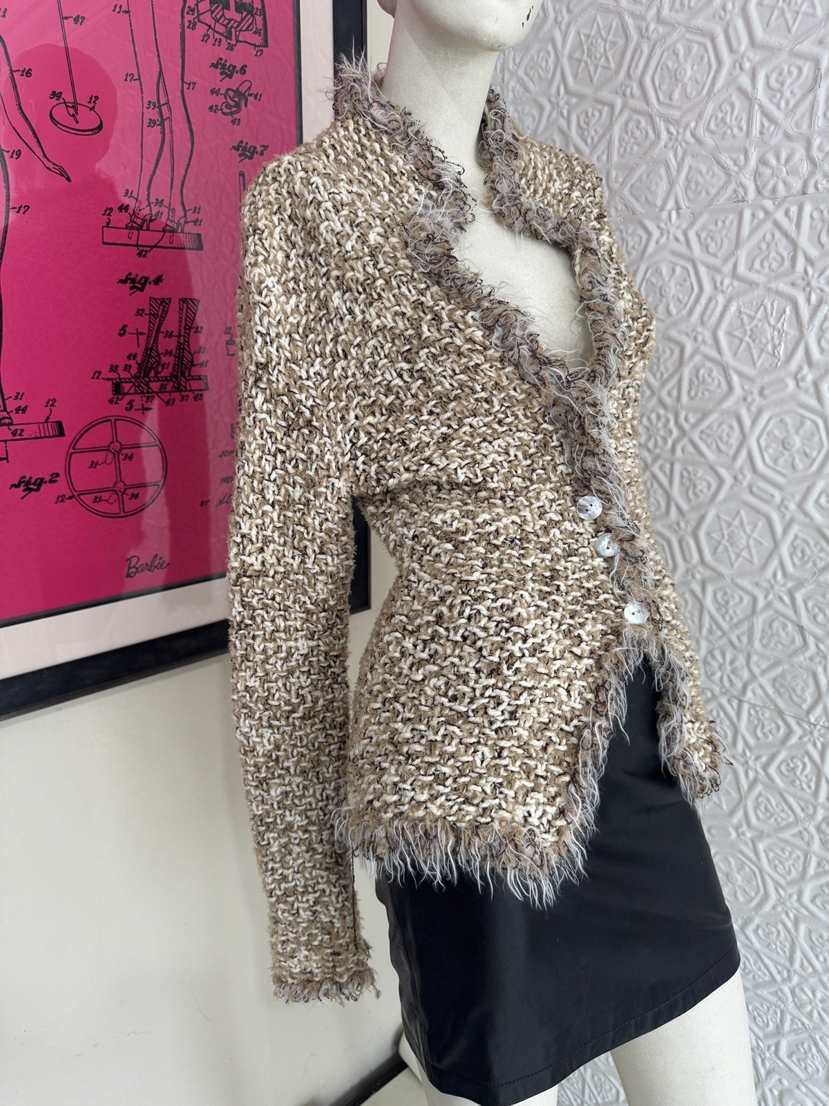 1990s vintage hand knit chenille cardigan-Oatmeal brown-Beige-Fringe-Boho-Glam-S