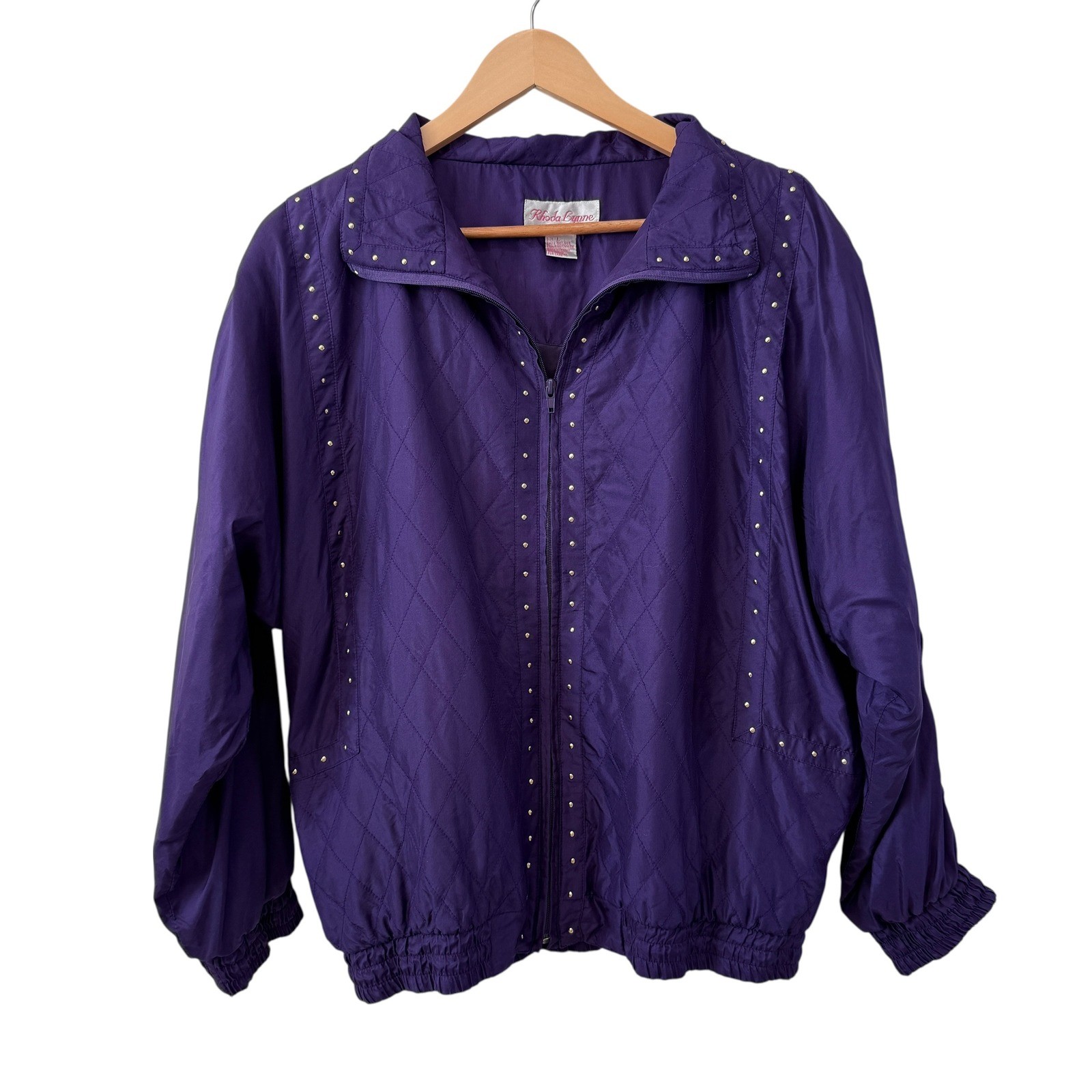 VTG Purple Silk Quilted Studded Windbreaker Bomber Track Jacket Sz L Pockets 80s
