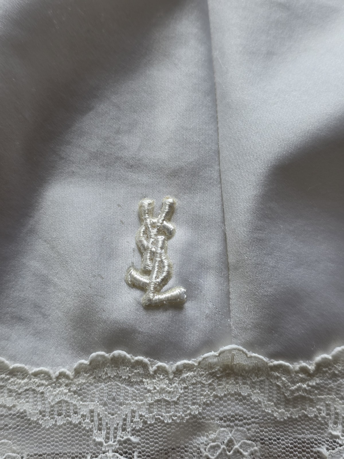 YSL Lingerie Satin Camisole 34 Embroidered Logo, Lace Trim, Vintage Made France