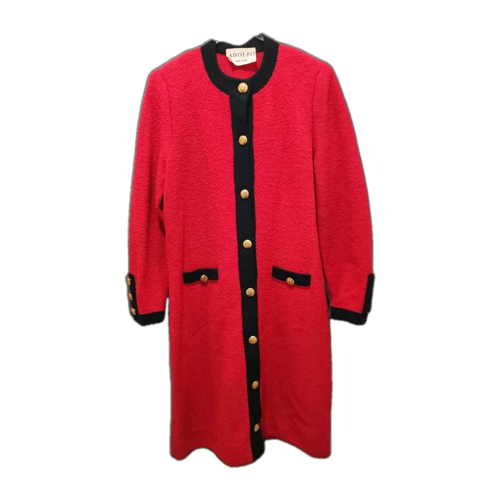 Vintage 70s 80s ADOLFO NEW YORK Boucle Style Long Wool Cardigan Red Black Dress