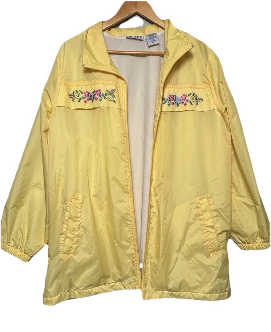 Vintage Blair Windbreaker Jacket Yellow Floral Embroidered XL 90s Nylon