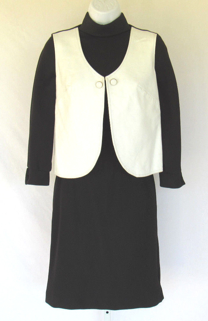VINTAGE 1960s MOD ICONIC THE PHYLLLIS LOOK SKIRT TOP VEST SIZE 8 BLACK WHITE