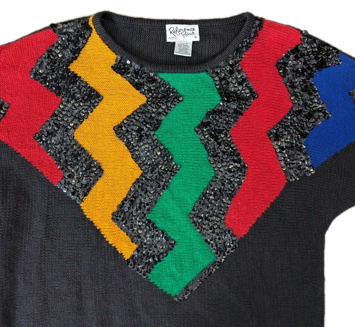 Vintage 80s Reference Point Sweater W/ Sequins & Multicolor Zigzag Stripe Size M
