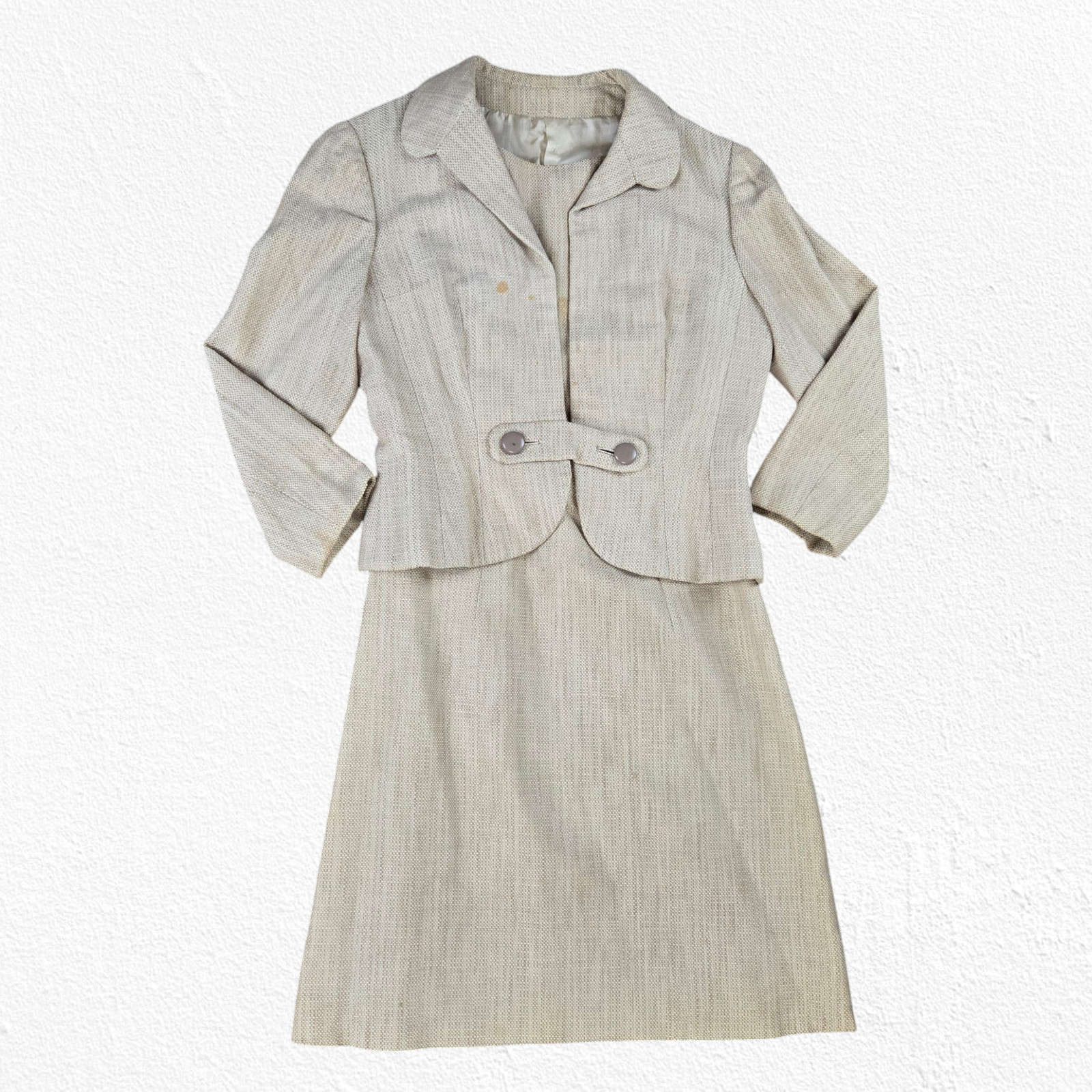 50s Vintage Adele Simpson Beige Tweed Blazer Sheath Classic Dress Set Size 2