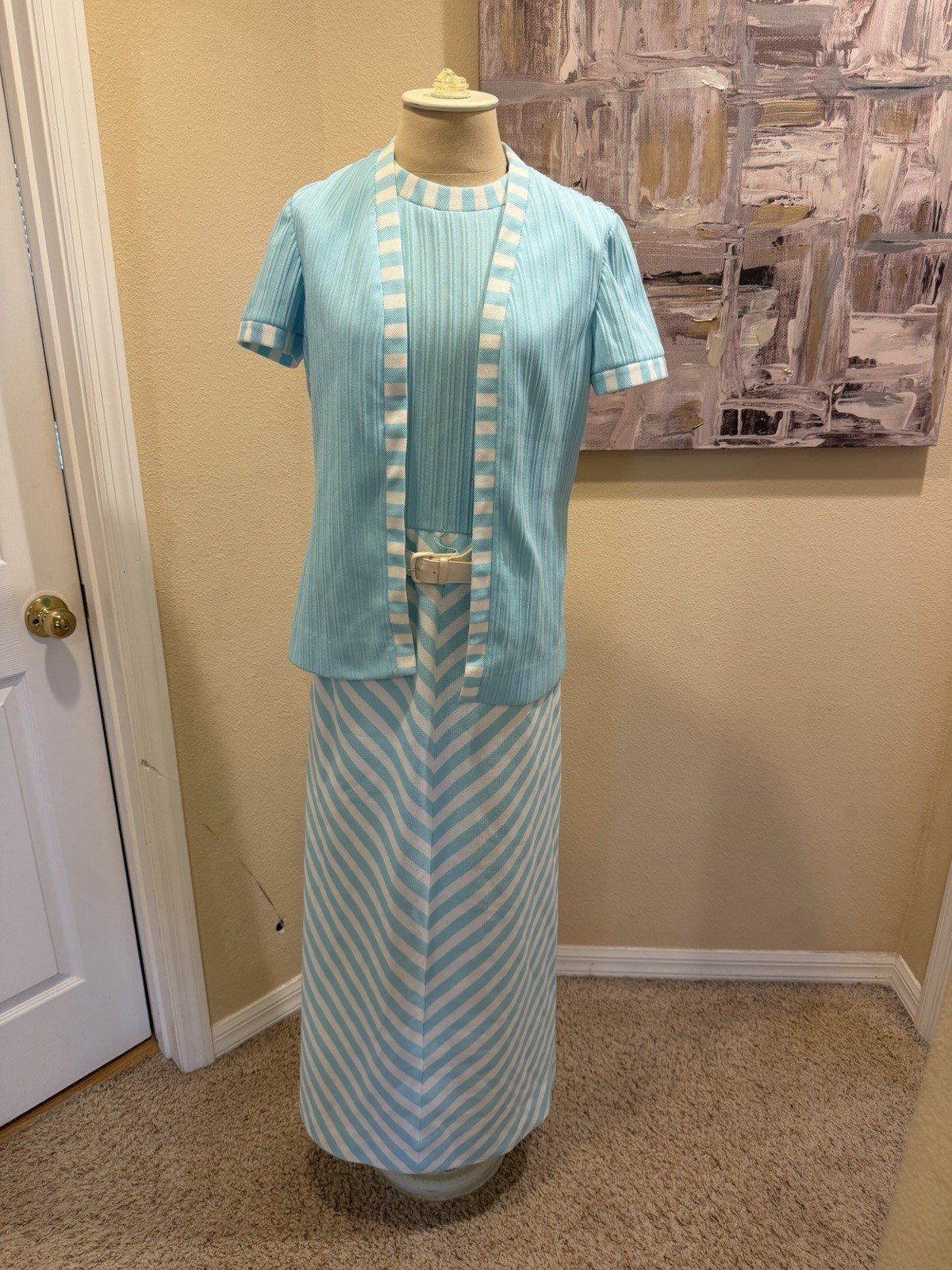 Vintage R&K Knits Maxi Dress + Cardigan Set Light Blue White Chevron Mod Sz 10