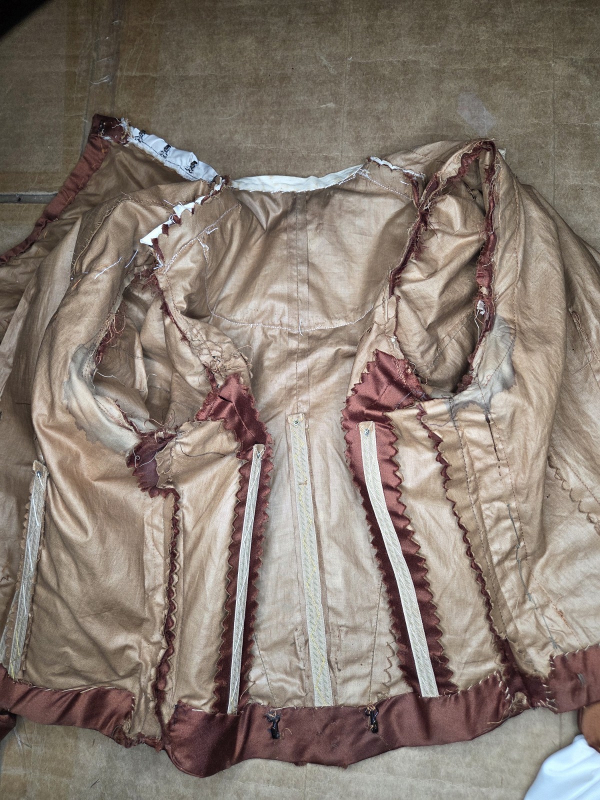 Victorian Copper Silk Blend Walking Suit w/ Ivory Taffeta Inserts & Pearl Trim