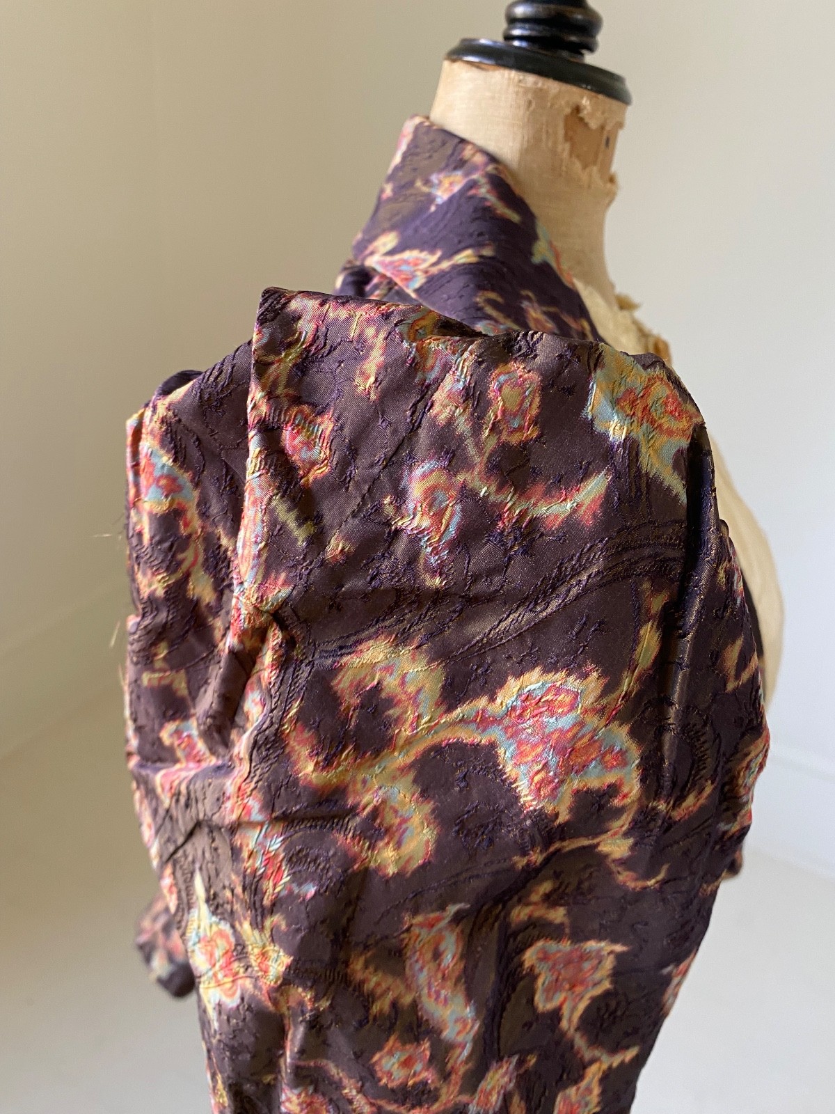 1890s Silk Jacquard Bodice Watercolor Print Puff Sleeves Antique Victorian XS