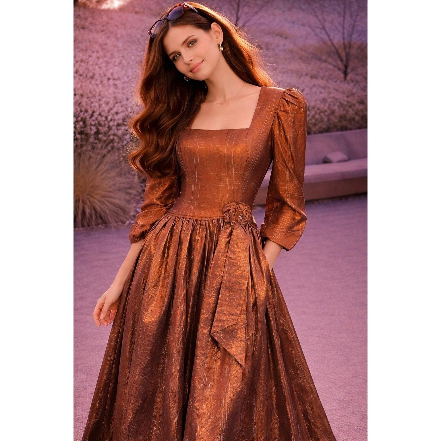 Vintage 80s Shawnelle Gown Metallic Bronze Prom Regency Core Fairycore Moire