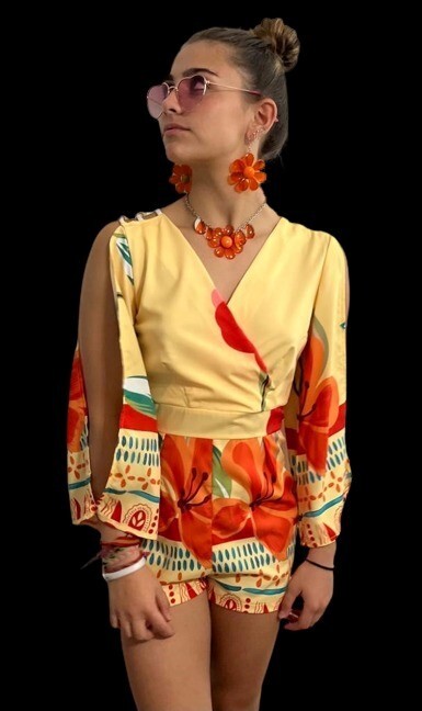 Short Romper Yellow Flower Fantasy Size S Small long Sleeves Wood Beaded Accents