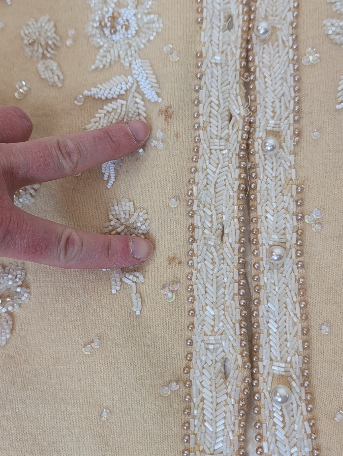 Vintage 1950s Hand Beaded Cardigan Cream With White Floral Beading Size Small