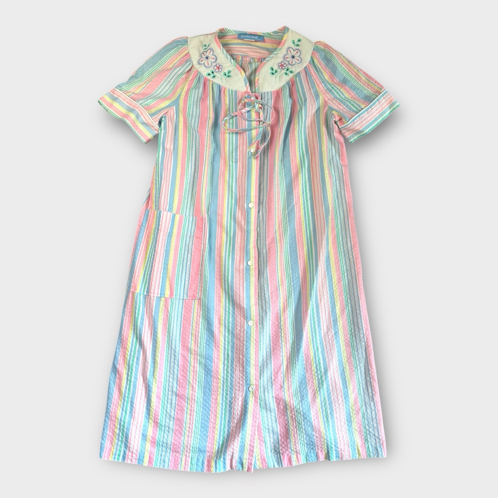 Coffee Time Vintage Seersucker House Dress Pastel Striped Floral Collar Small