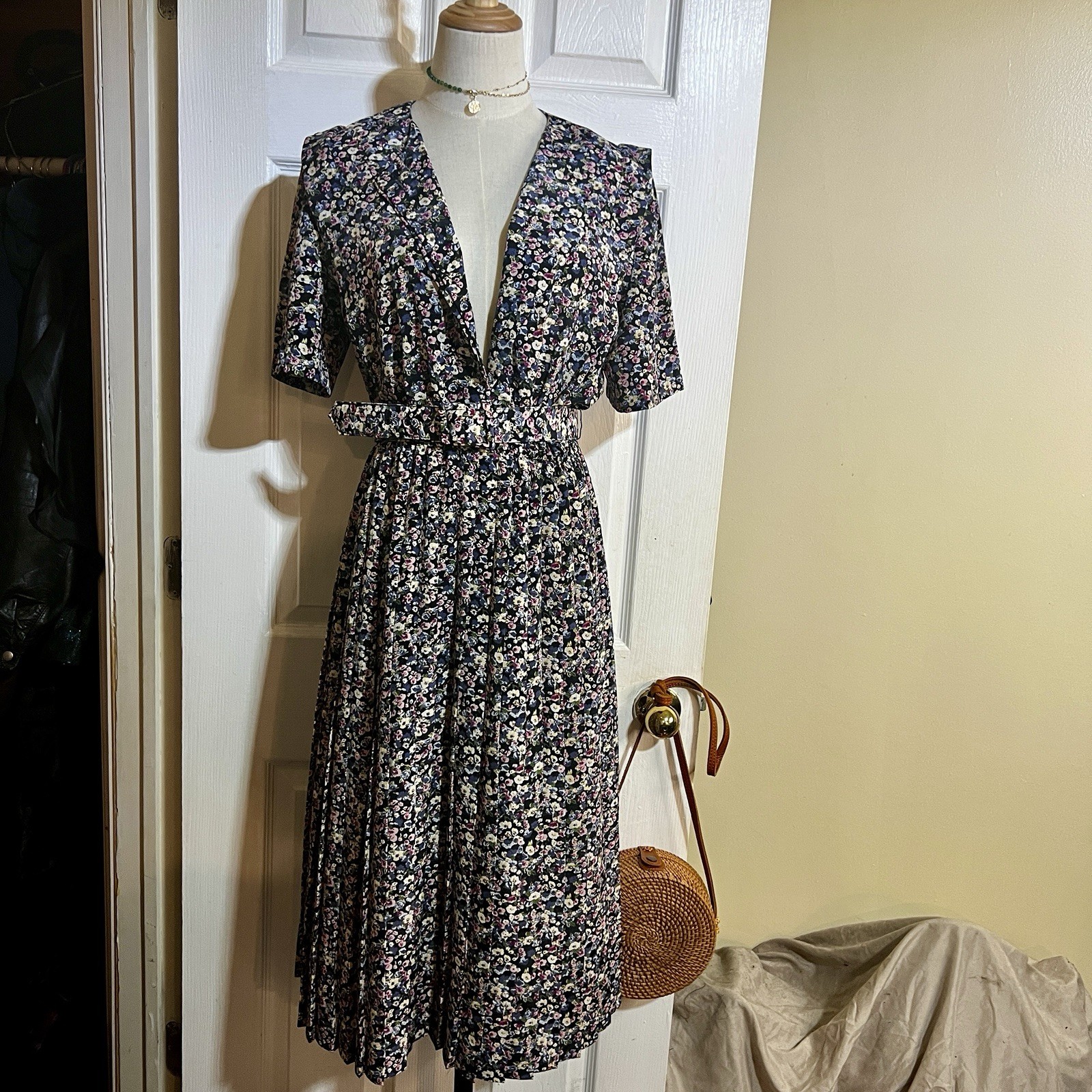 Vtg Stuart Alan Petites Wms Floral Pleated Belted Retro Secretary’s Dress 12
