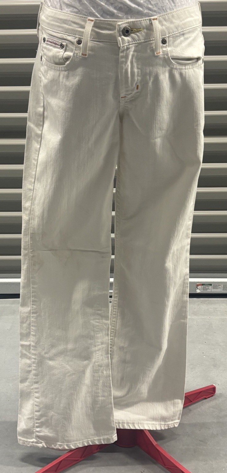 L.E.I. Y2K Low Rise Flare Leg Womens Size 3 White Denim Jeans Contrast Stitch