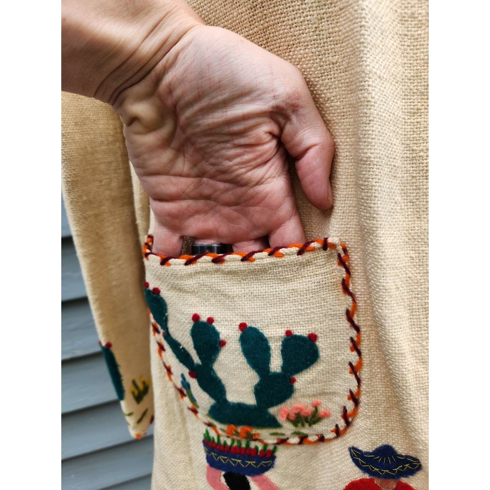 Vintage 50s Mexican Tourist Jacket Cream Embroidered Folk Art Applique Medium