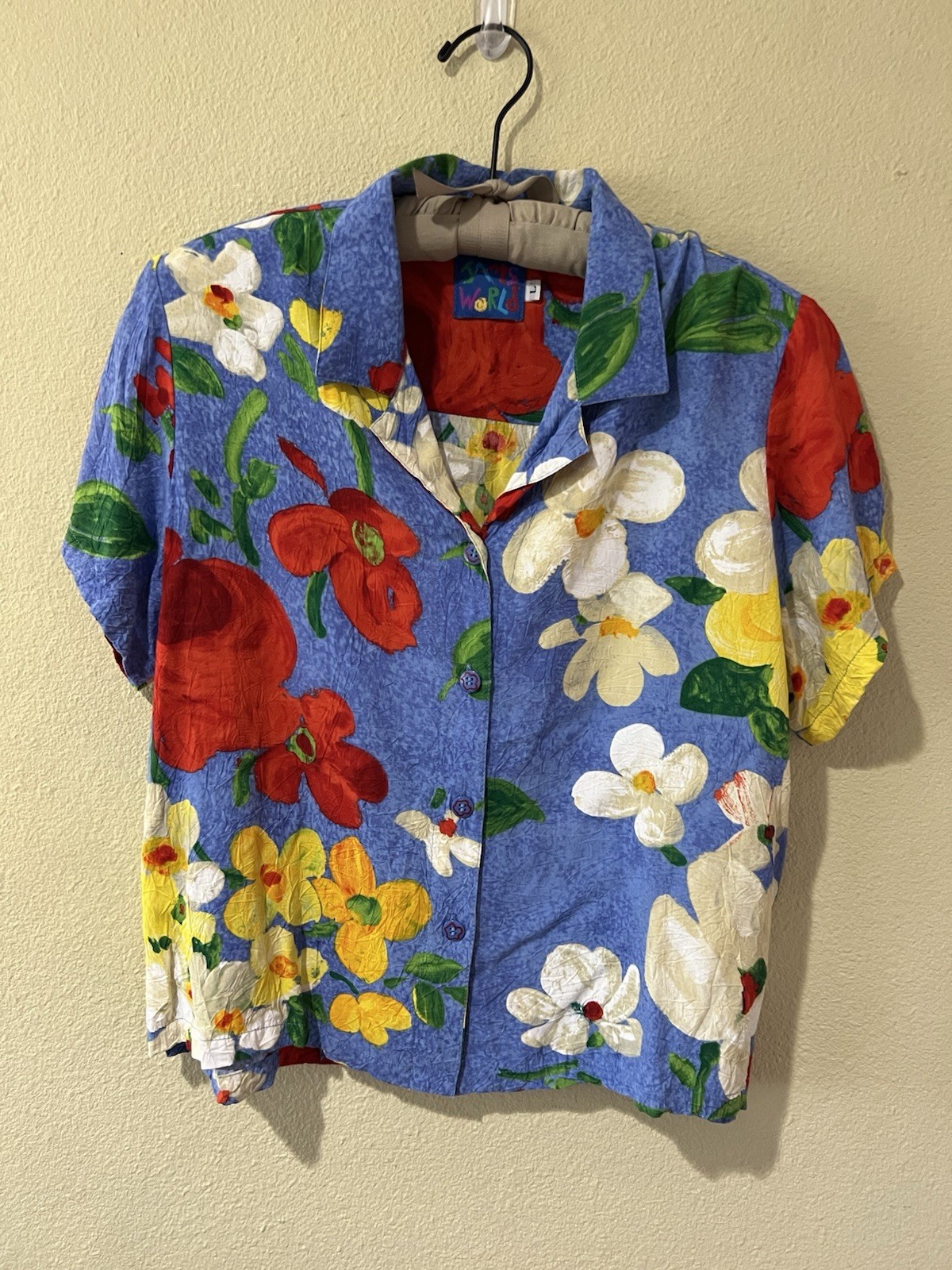 VTG JAMS WORLD DELIGHT Hawaiian Tropical Floral Top Sz L Button Up ARTSY a8