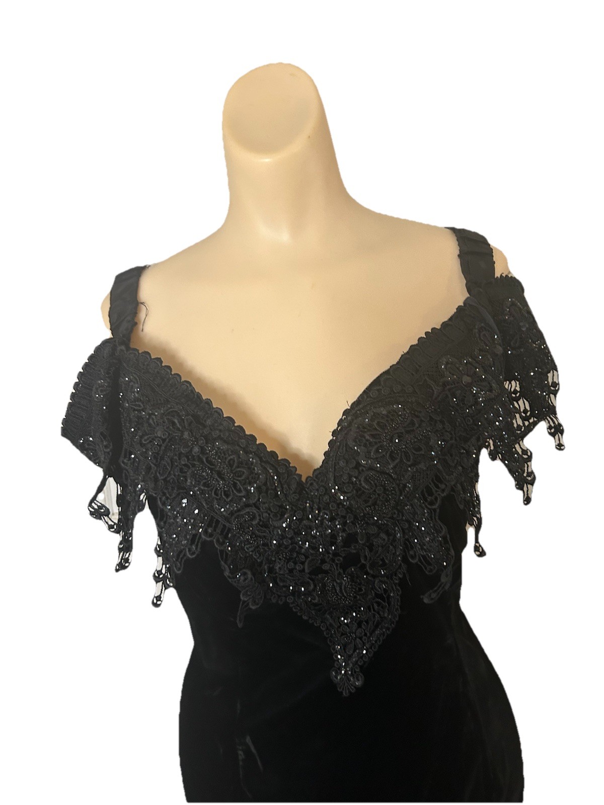 VTG Loralie 80s 90s Evening Gown Dress Beaded Sequin Lace Velvet Goth Black 16