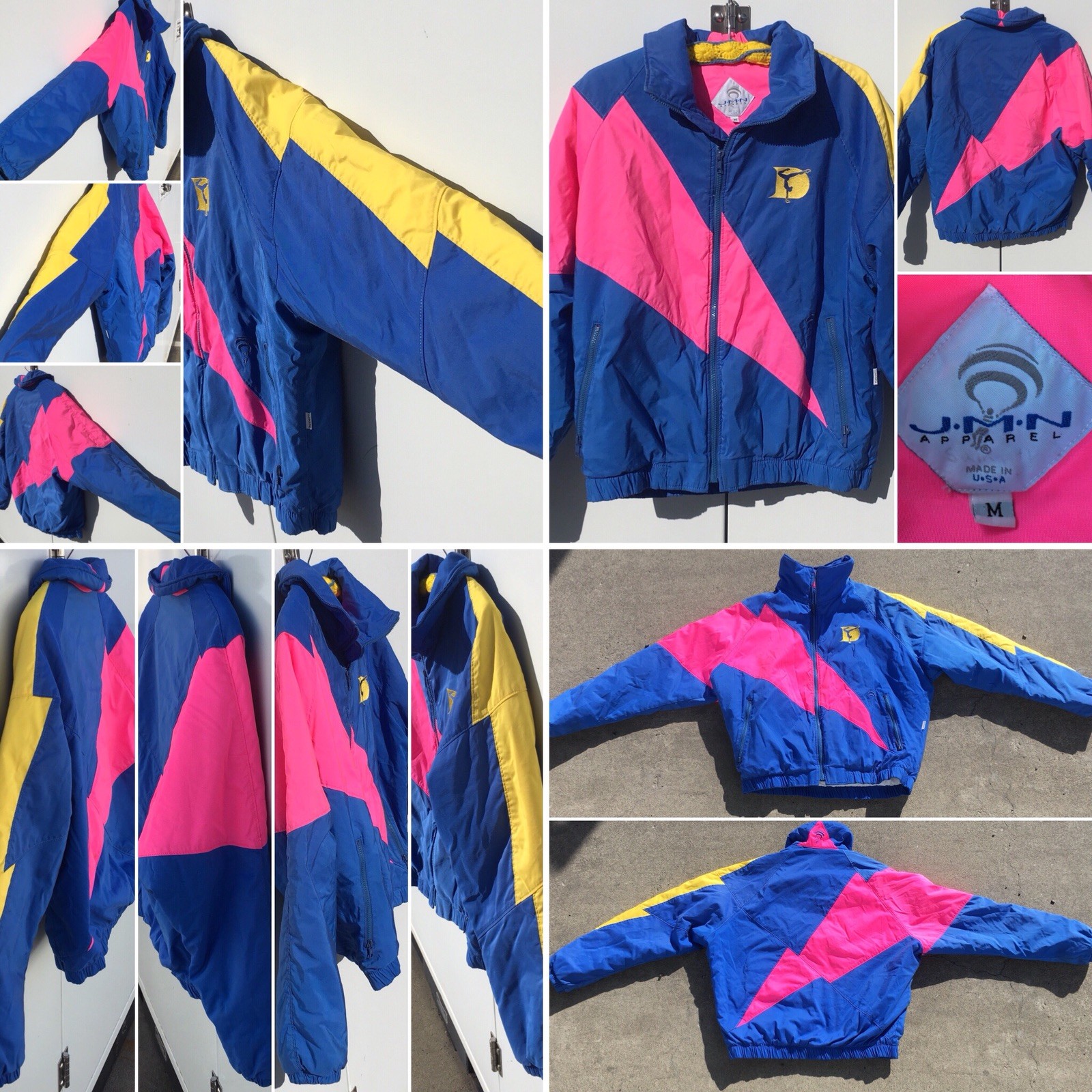 Vintage Color Block Jacket Blue Yellow Neon Pink Gymnastics Lightning Size M
