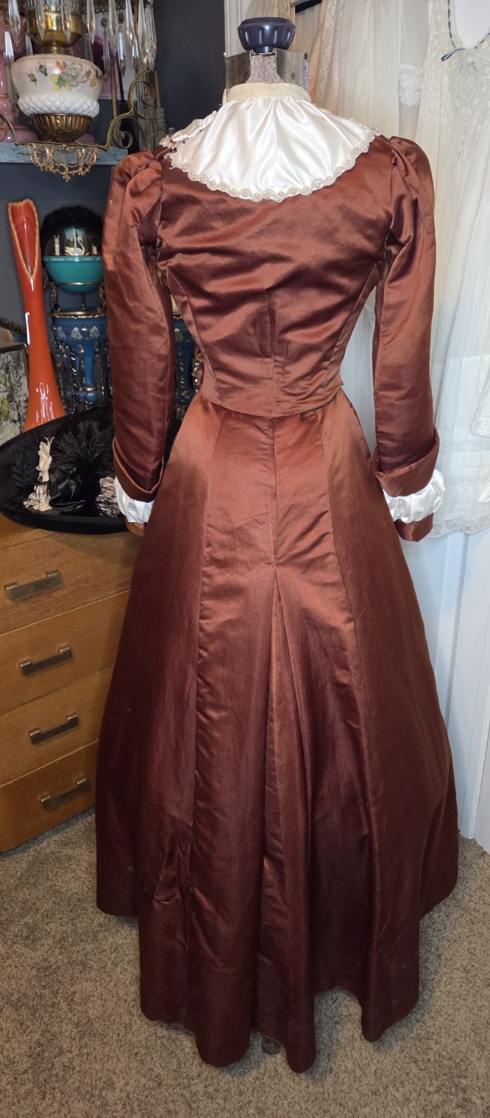 Victorian Copper Silk Blend Walking Suit w/ Ivory Taffeta Inserts & Pearl Trim