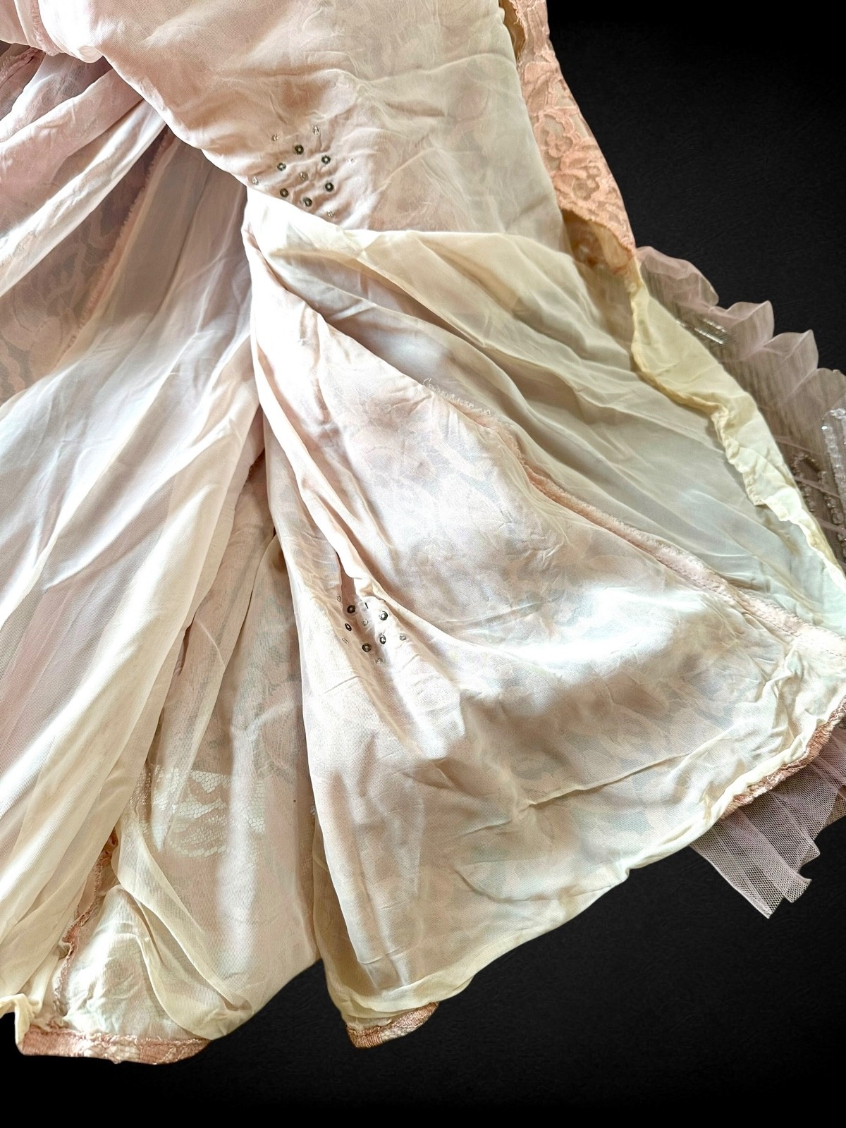 Vintage 1950s Pink Lace Cocktail Dress Pearl Rhinestone Tulle Full Skirt Party X